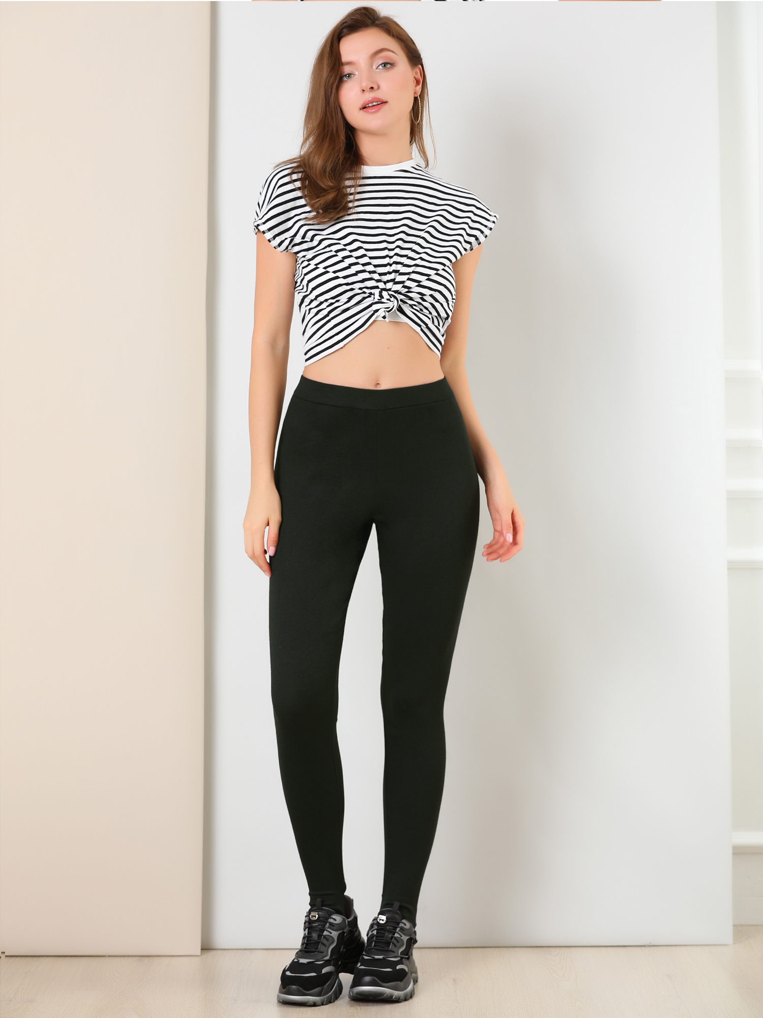Elastic Waistband Gym Yoga Soft Cotton Stirrup Leggings Blacks/L