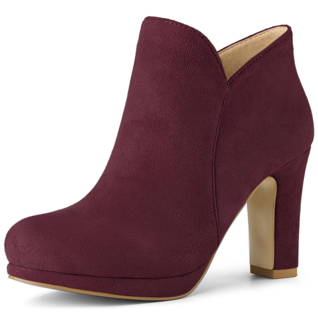 Round Toe Chunky Heel Ankle Heel Boots Burgundy/10