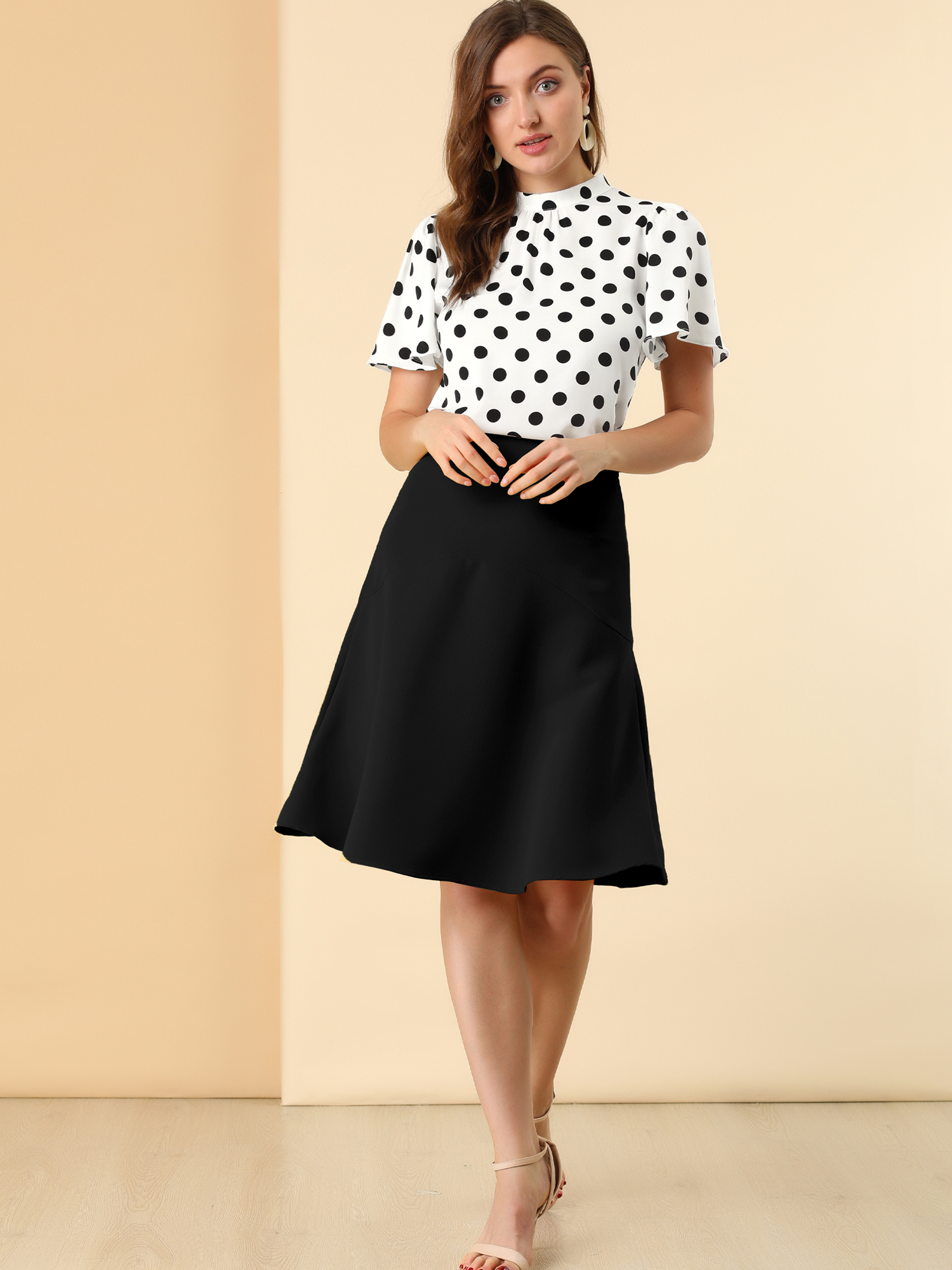 Polka Dots Stand Collar Pleat Keyhole Short Flare Sleeve Blouse White Black/XL