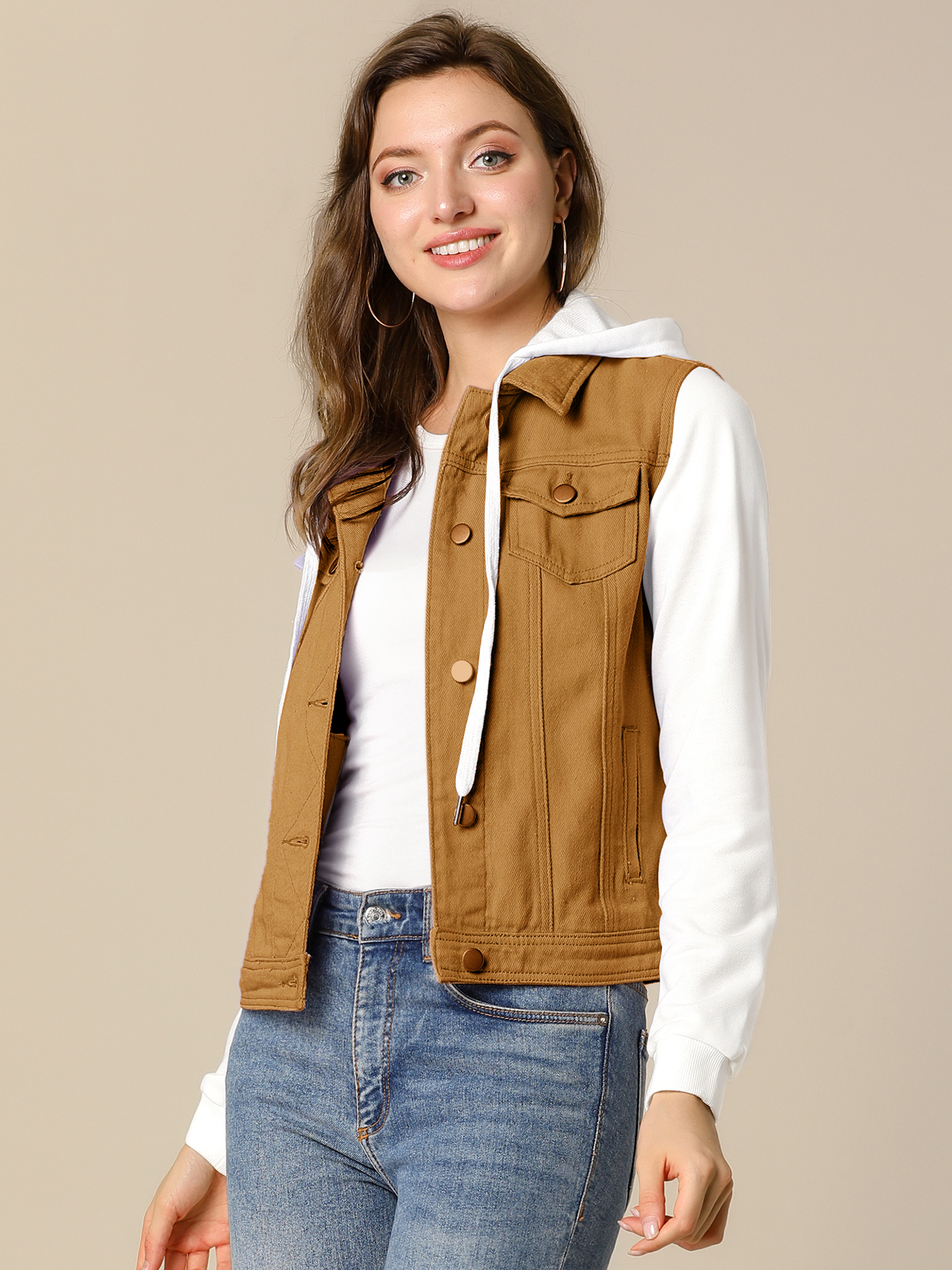 Casual Layered Drawstring Pockets Hood Denim Jacket Tan/XS