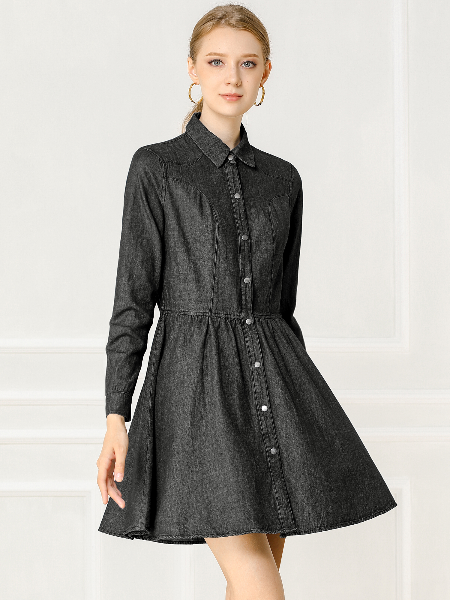 Denim Button Down Belted Pleated Flare A-line Shirt Dress Black/S