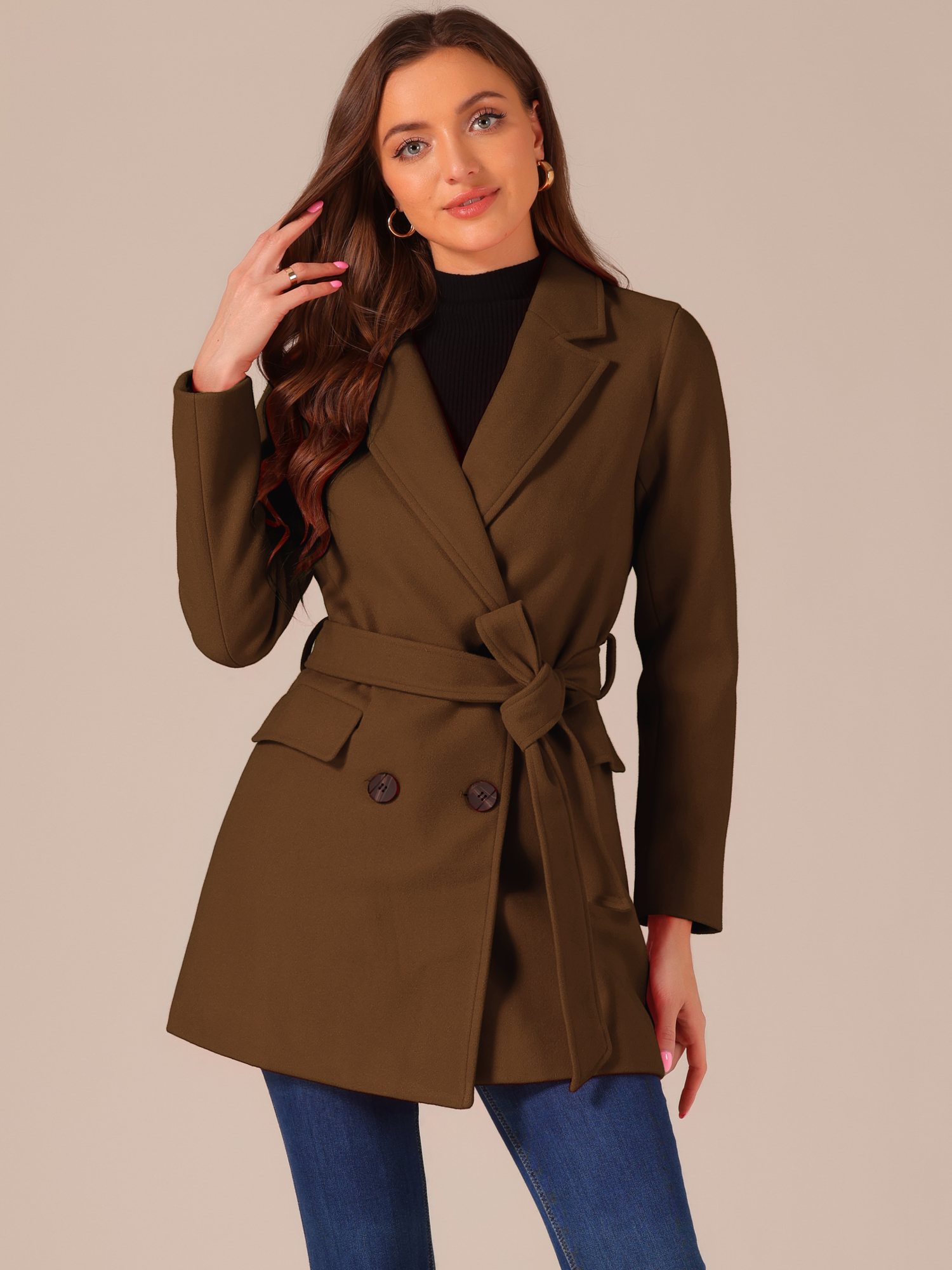 Notch Lapel Double Breasted Belted Mid Long Outwear Winter Coat Deep Brown/XL