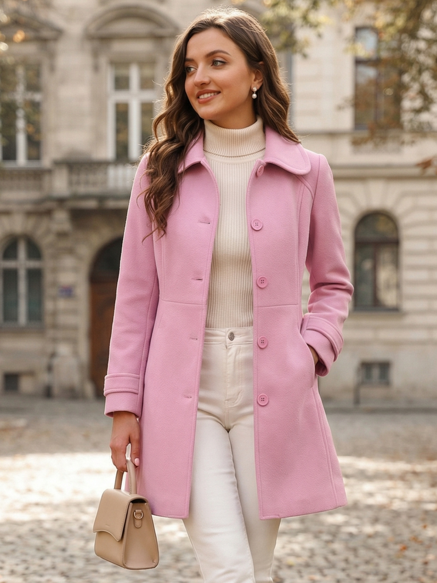 Peter Pan Collar Single Breasted Winter Outwear Buttoned Long Coat Charm Pink/L