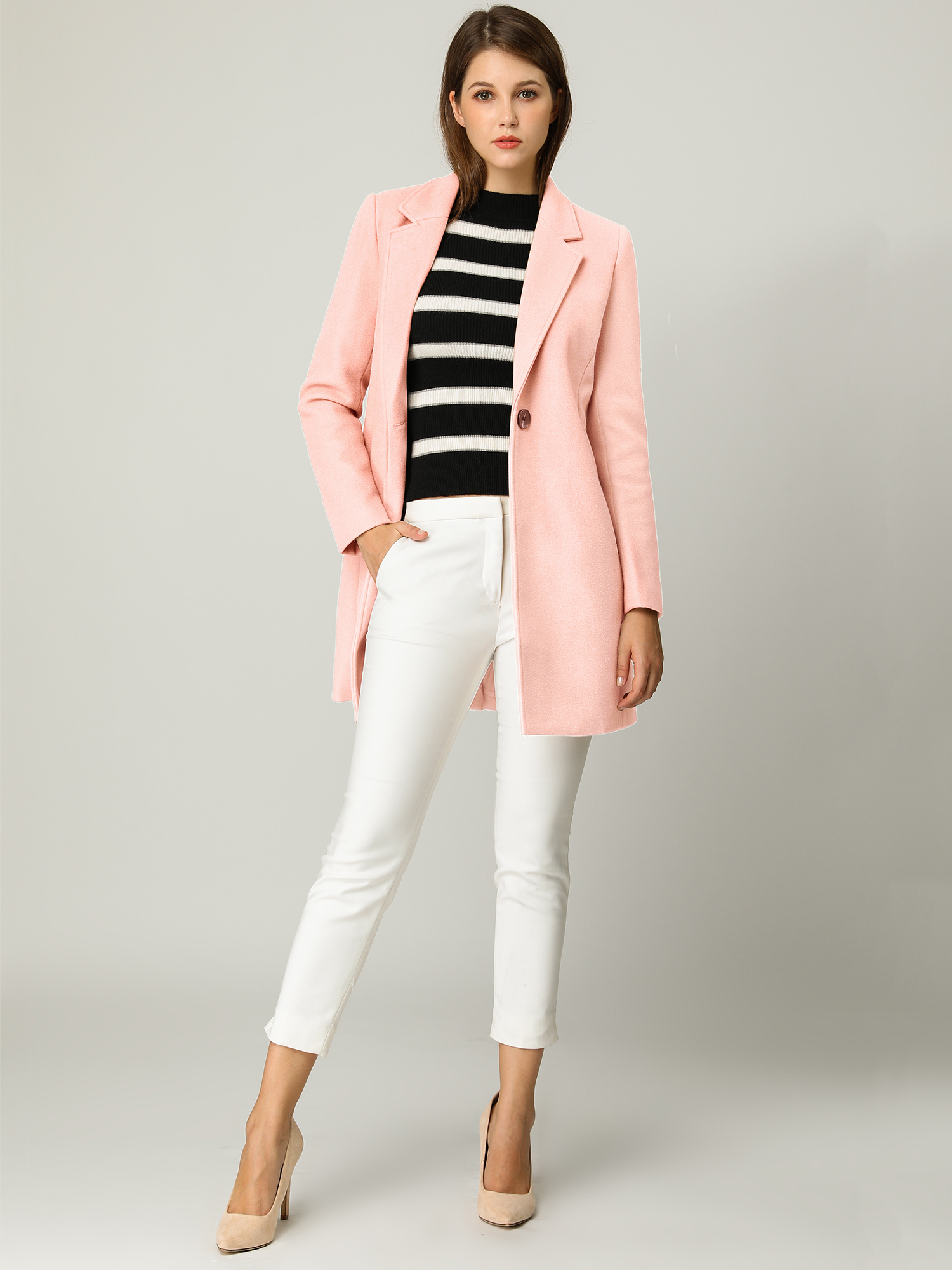 Classic Notched Lapel Long Sleeve Buttoned Coat Pink/S