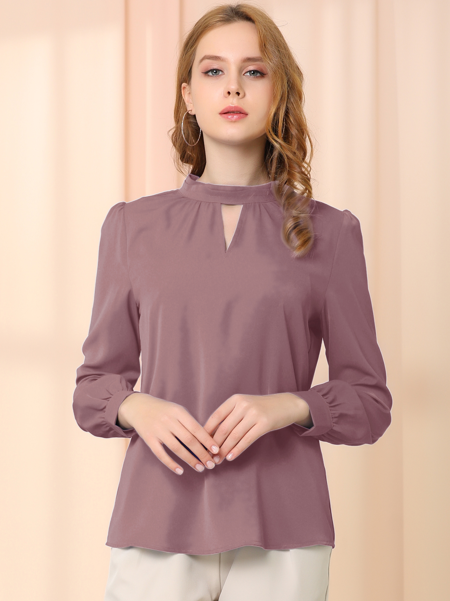Work Keyhole Shirt Stand Collar Long Sleeve Chiffon Blouse Gray Purple/M