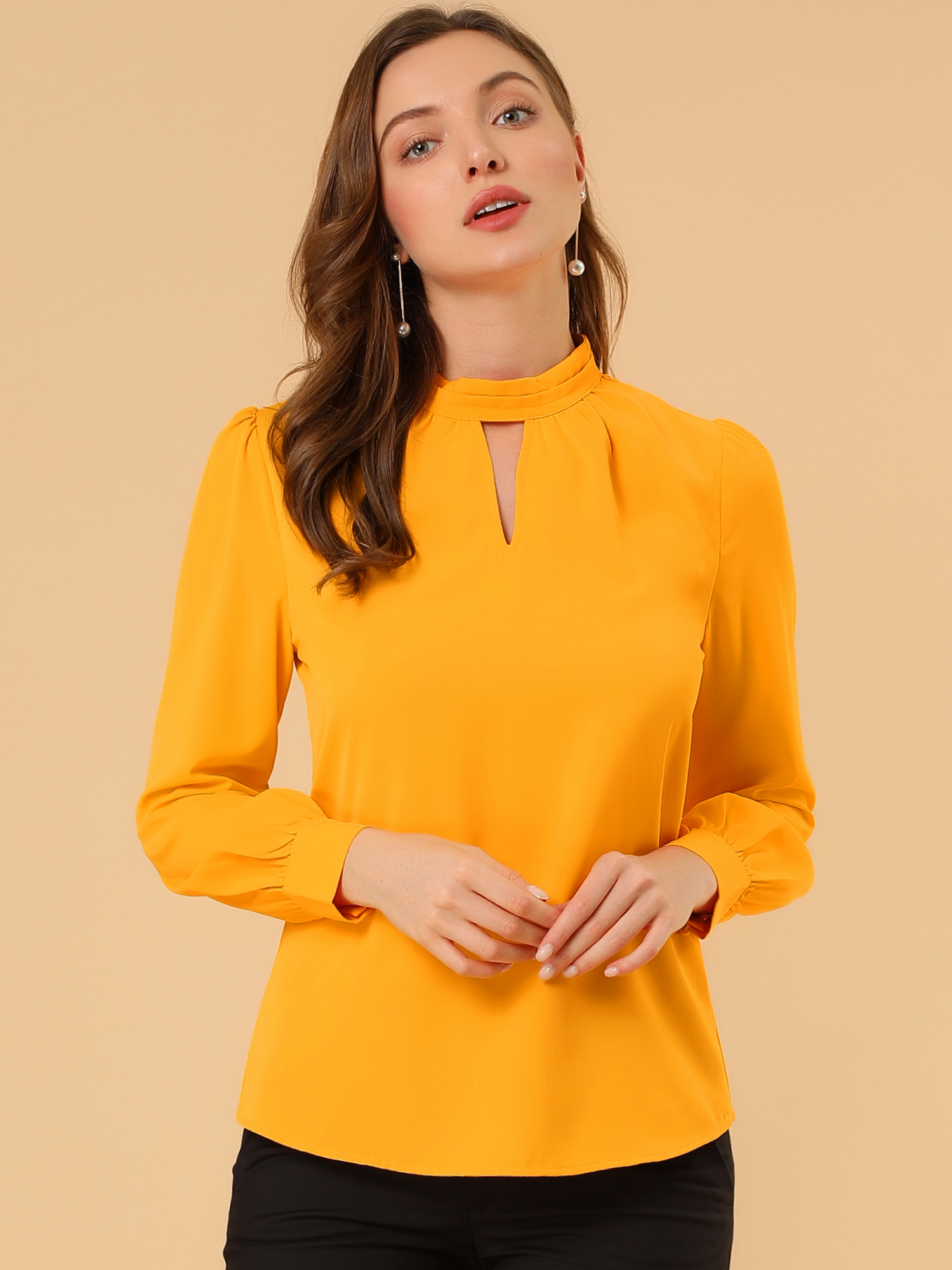 Work Keyhole Shirt Stand Collar Long Sleeve Chiffon Blouse Bright Yellow/XL