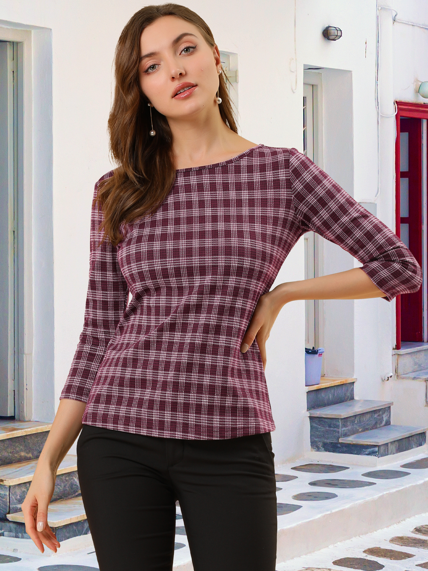 Office 3/4 Sleeve Boat Neck Houndstooth Printed Top Blouse Burgundy/XL