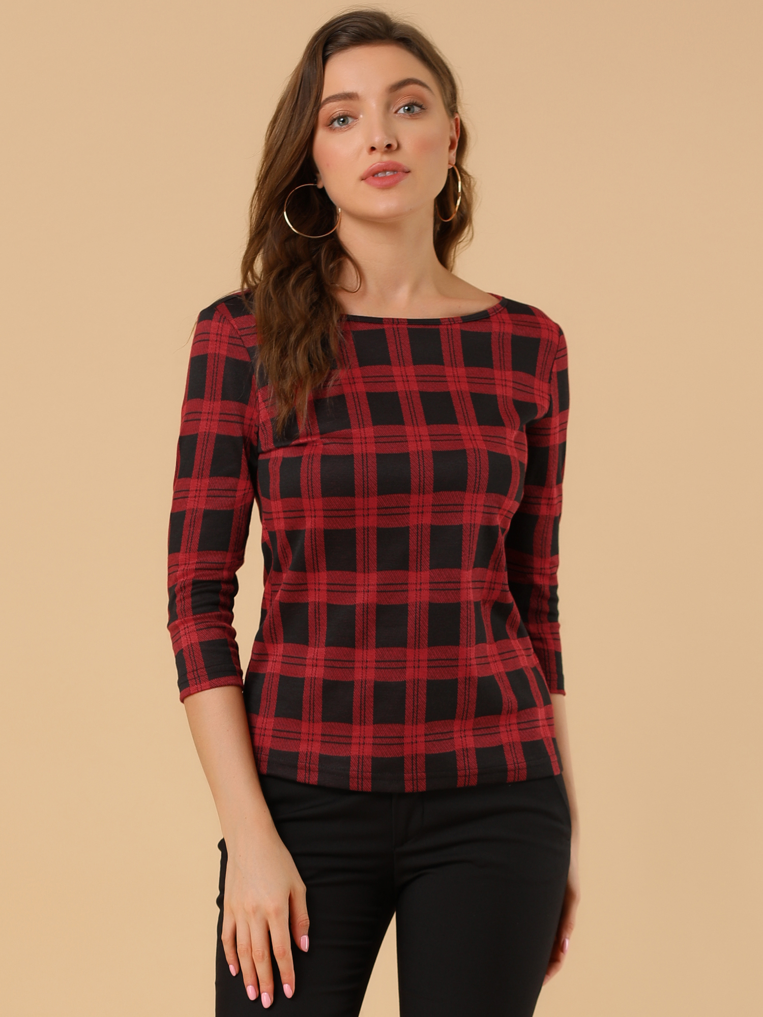 Office 3/4 Sleeve Boat Neck Houndstooth Printed Top Blouse Red/XS