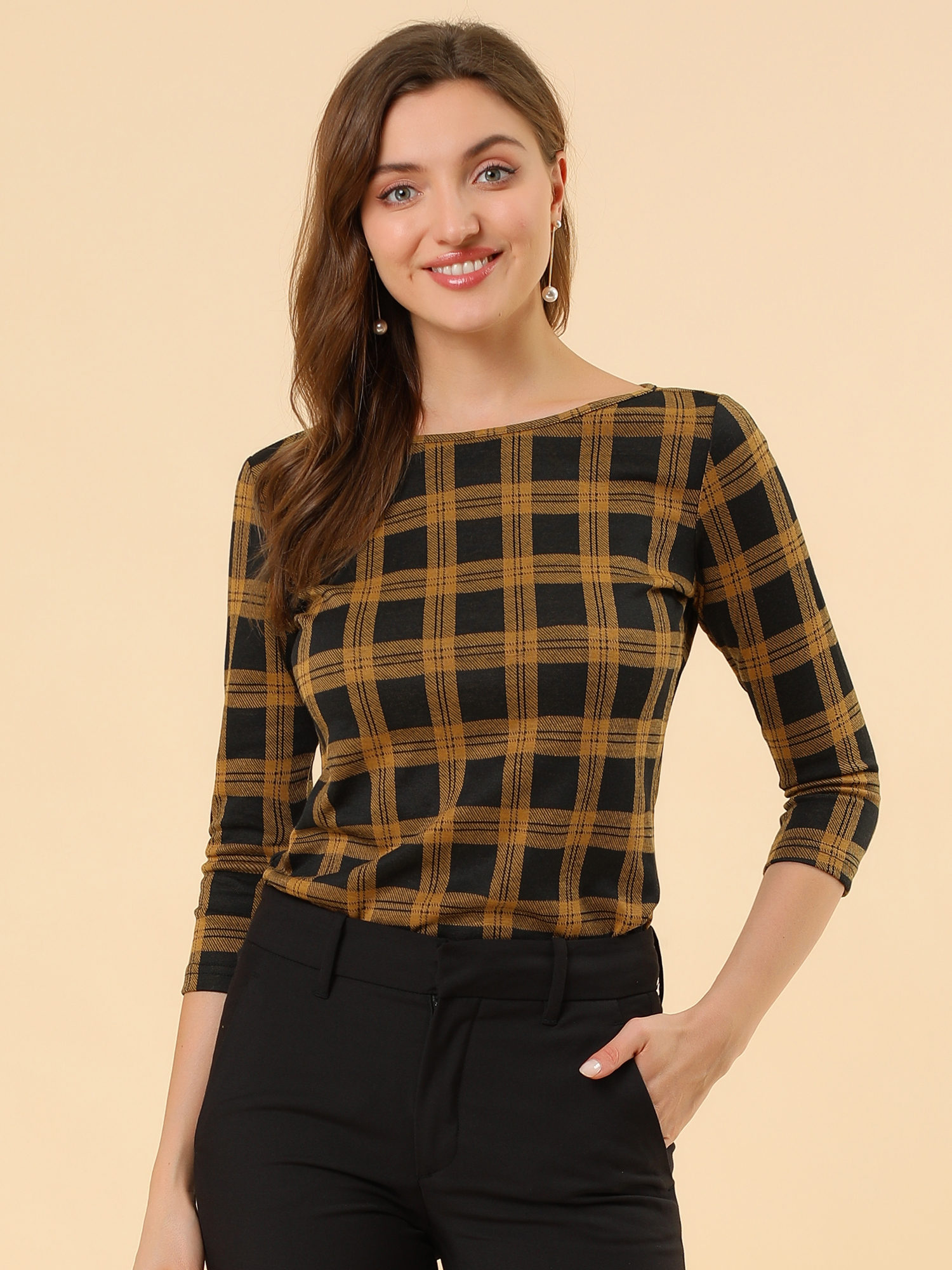 Office 3/4 Sleeve Boat Neck Houndstooth Printed Top Blouse Yellow/L
