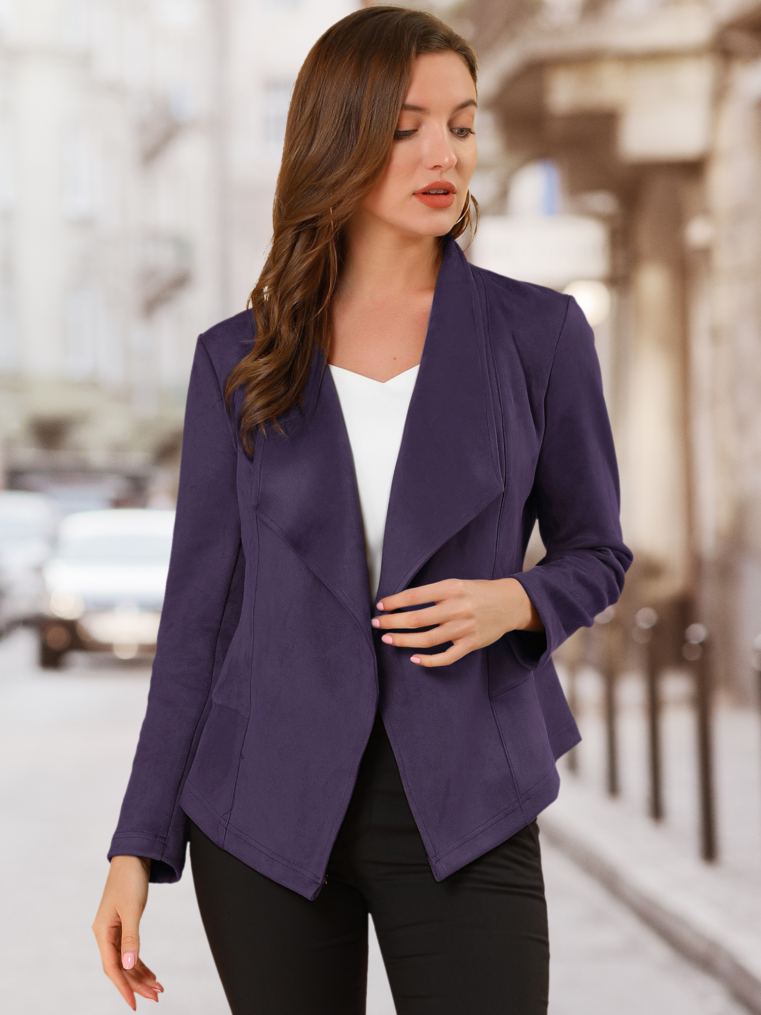 Faux Suede Jacket Open Front Lapel Draped Outwear Cardigan Purple/S