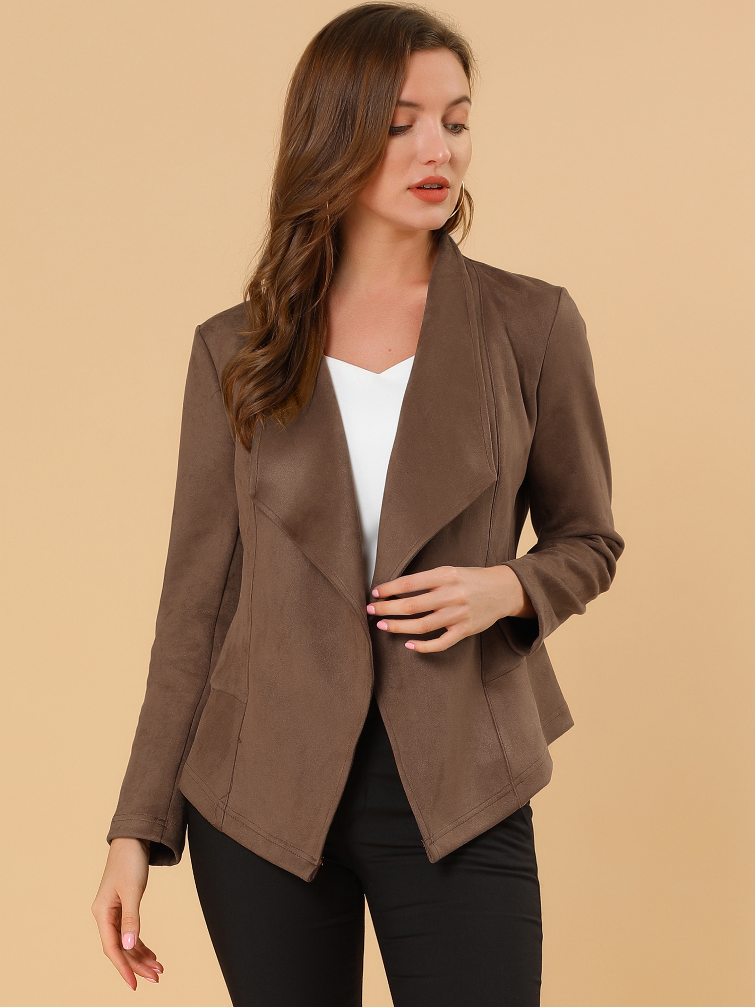 Faux Suede Jacket Open Front Lapel Draped Outwear Cardigan Light Brown/M