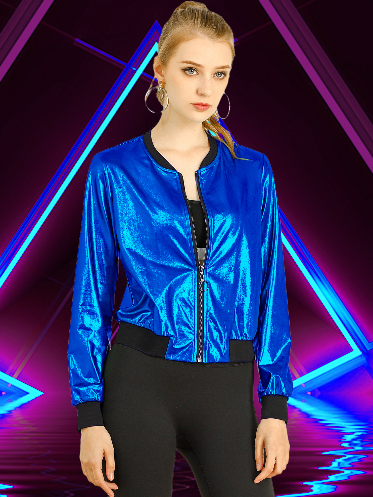 Holographic Shimmering Metallic Lightweight Bomber Jacket Blue/M