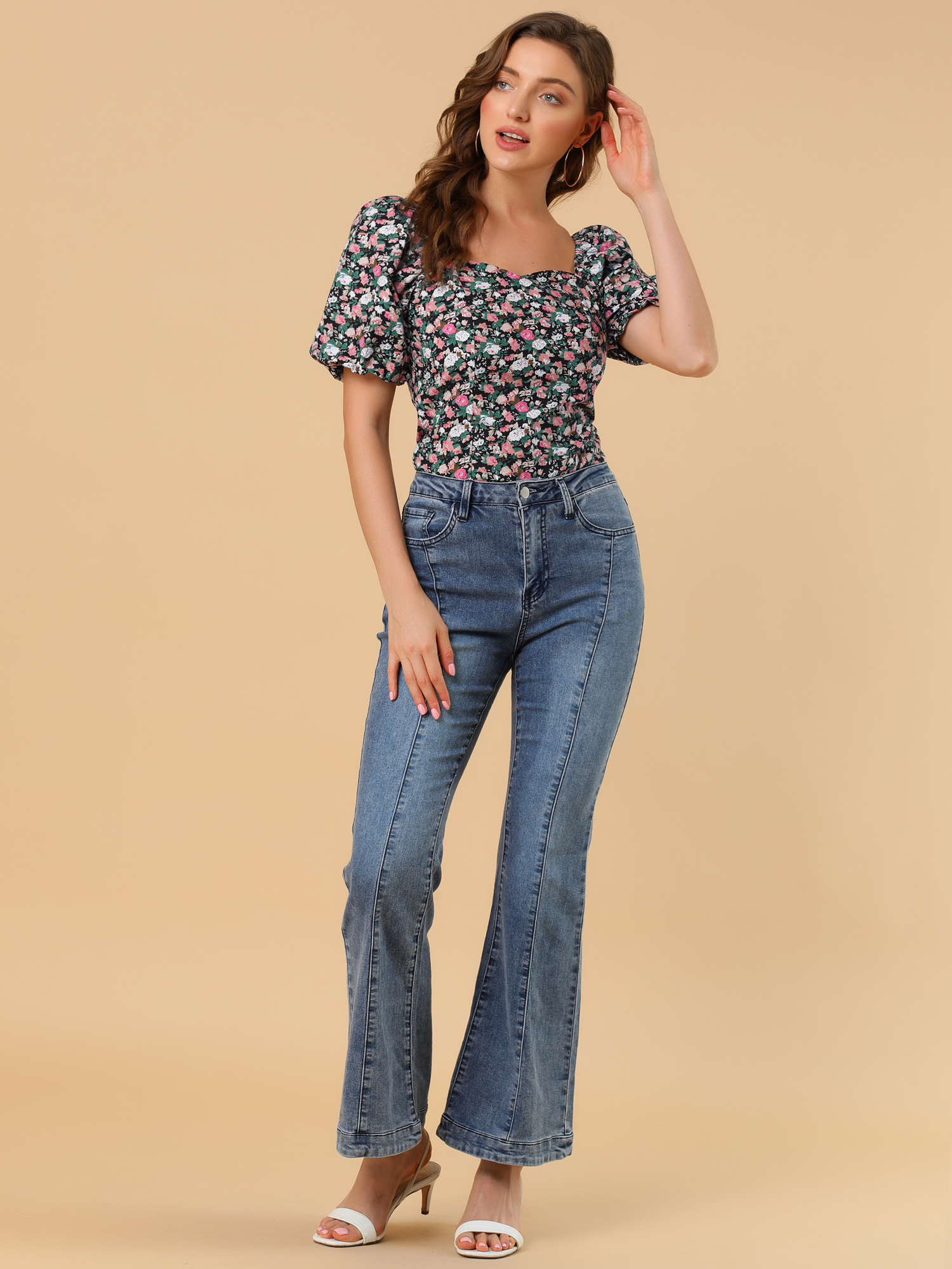 Puff Sleeve Square Neck Peasant Floral Blouse Top Black/L