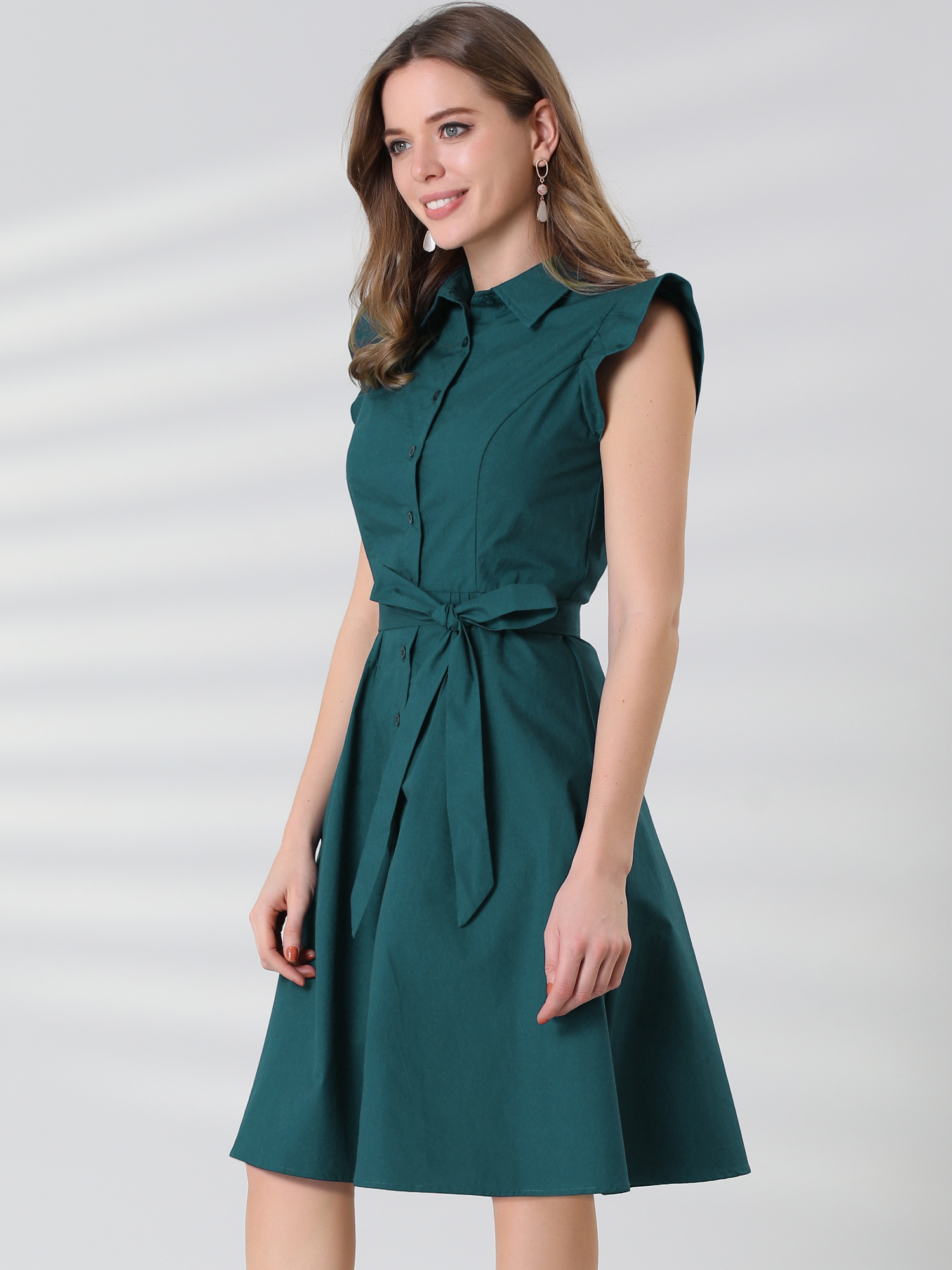 Office Ruffled Sleeve Belted Cotton Button Midi Shirt Dress Dark Green/M