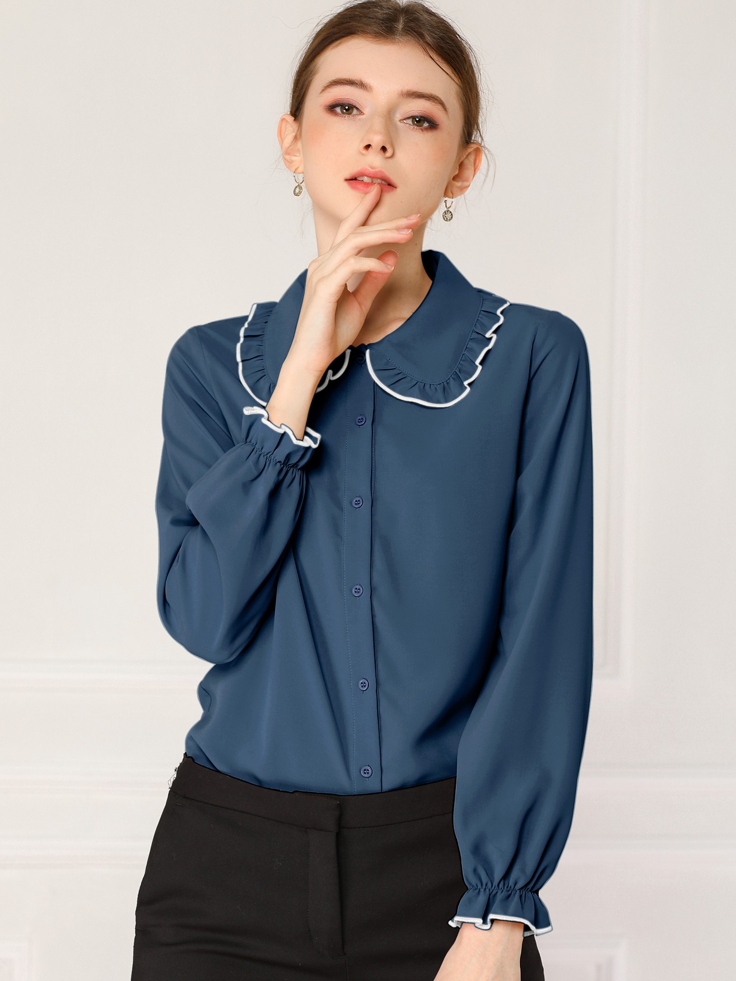 Sweet Ruffle Peter Pan Collar Long Sleeve Button Up Shirt Royal Blue/XS