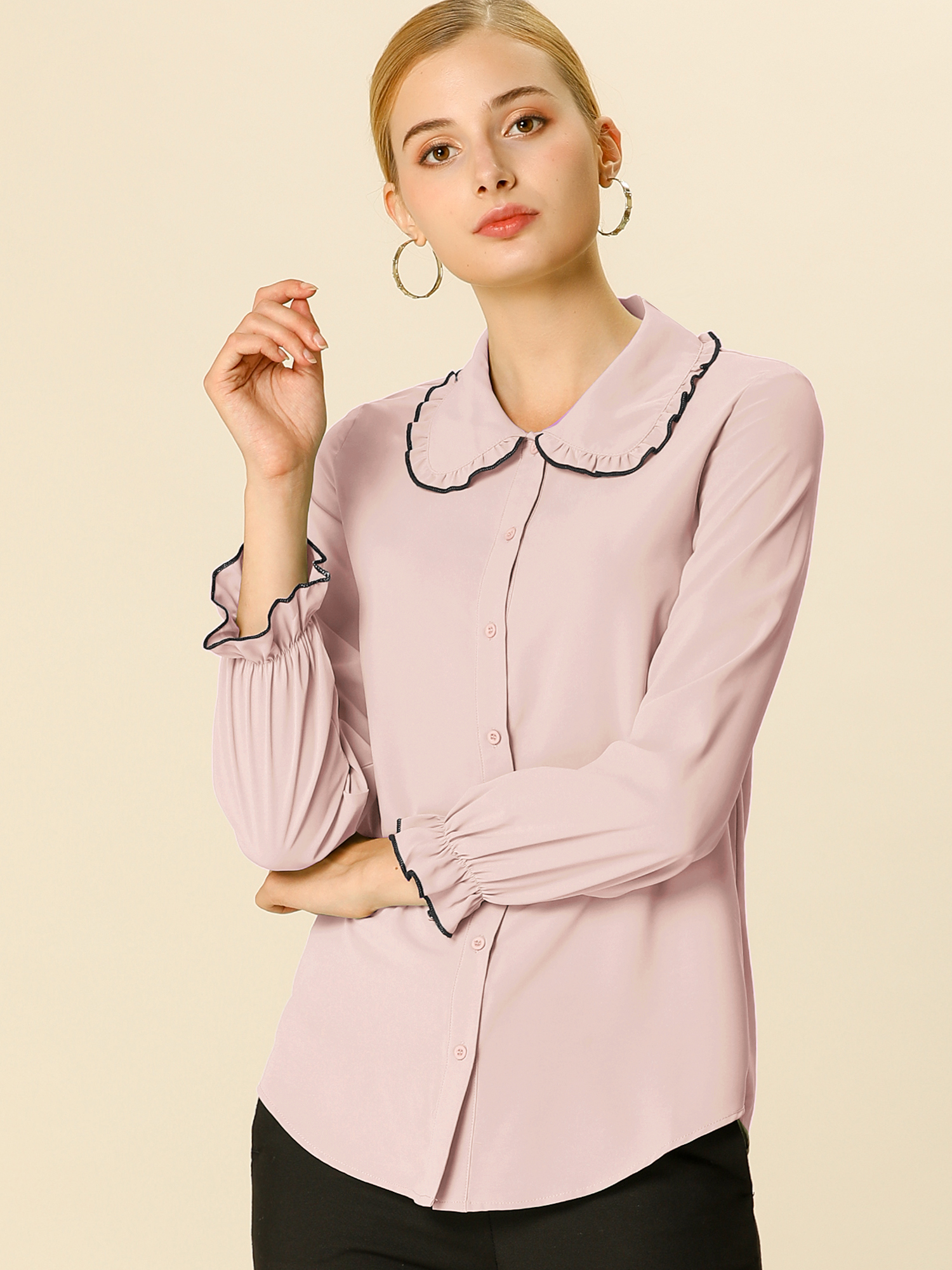 Sweet Ruffle Peter Pan Collar Long Sleeve Button Up Shirt Pink/L