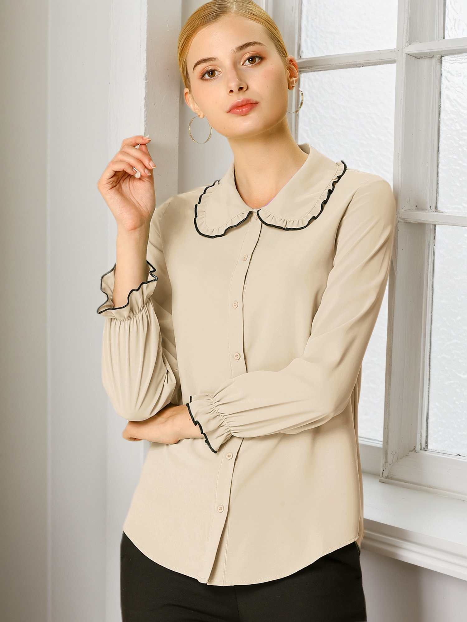 Sweet Ruffle Peter Pan Collar Long Sleeve Button Up Shirt Apricot/S