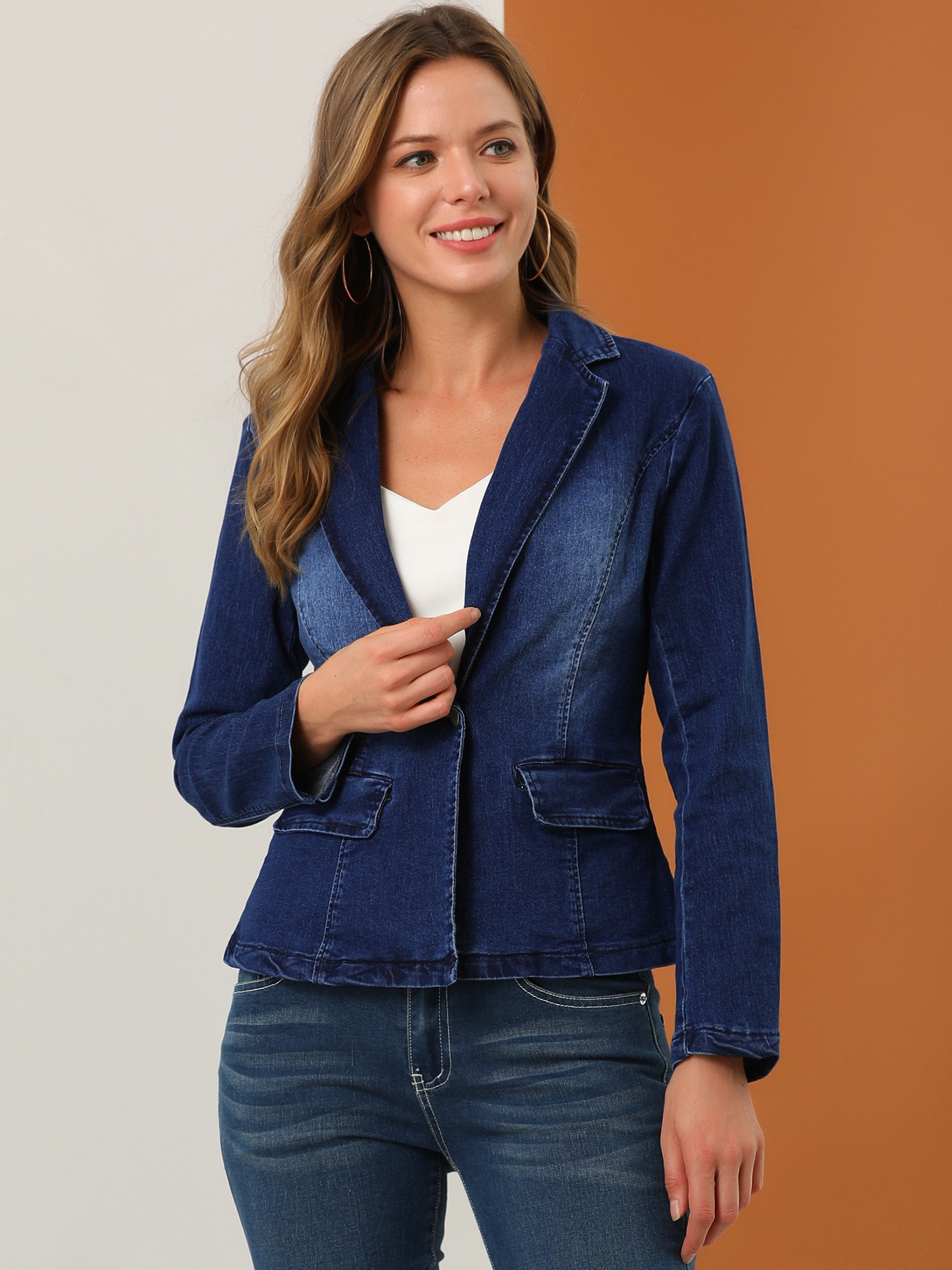 Notched Lapel One Button Long Sleeve Business Washed Denim Blazer Blue/L