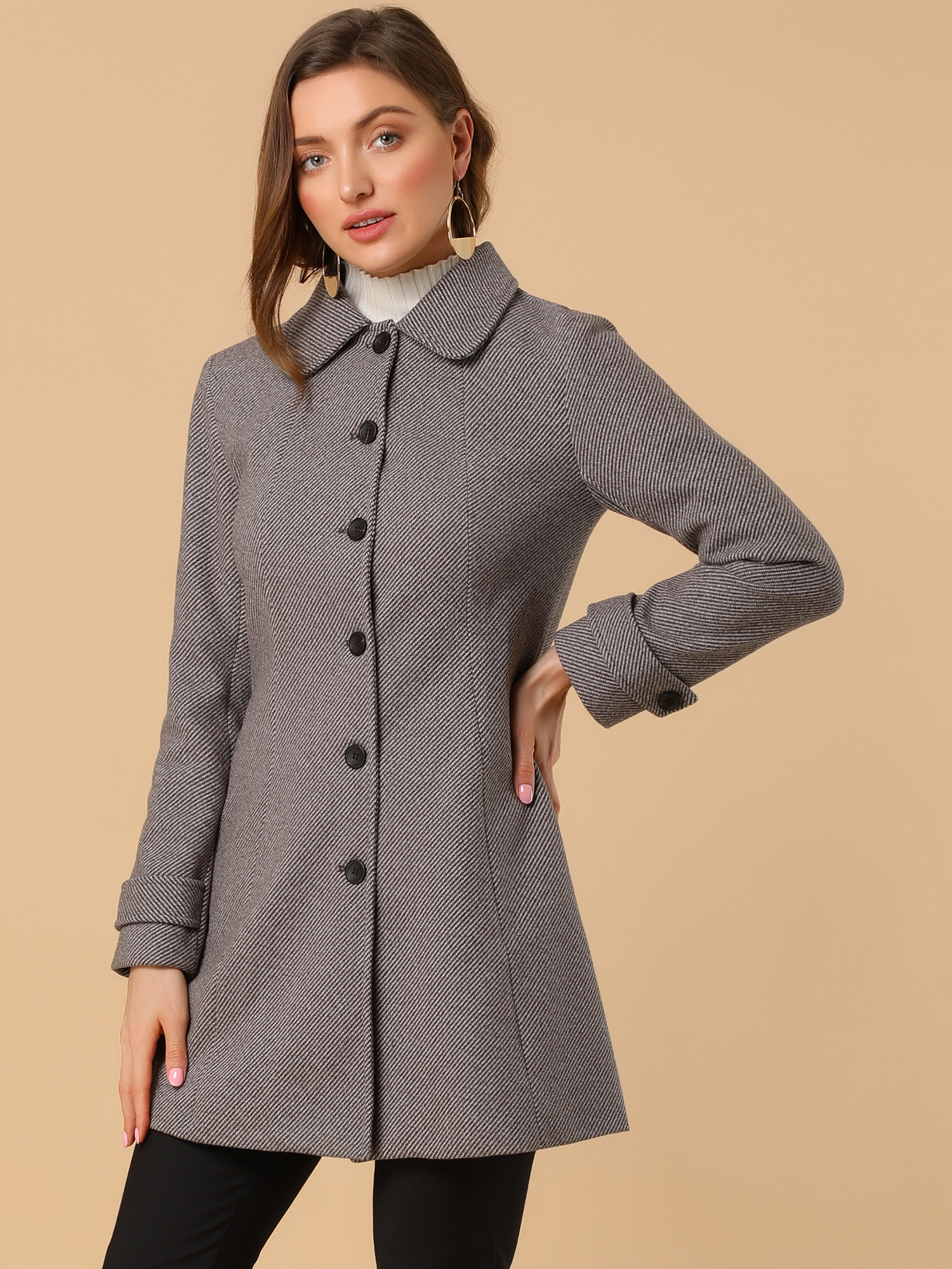 Peter Pan Collar Single Breasted Overcoat Winter Pea Coat Light Brown/XL