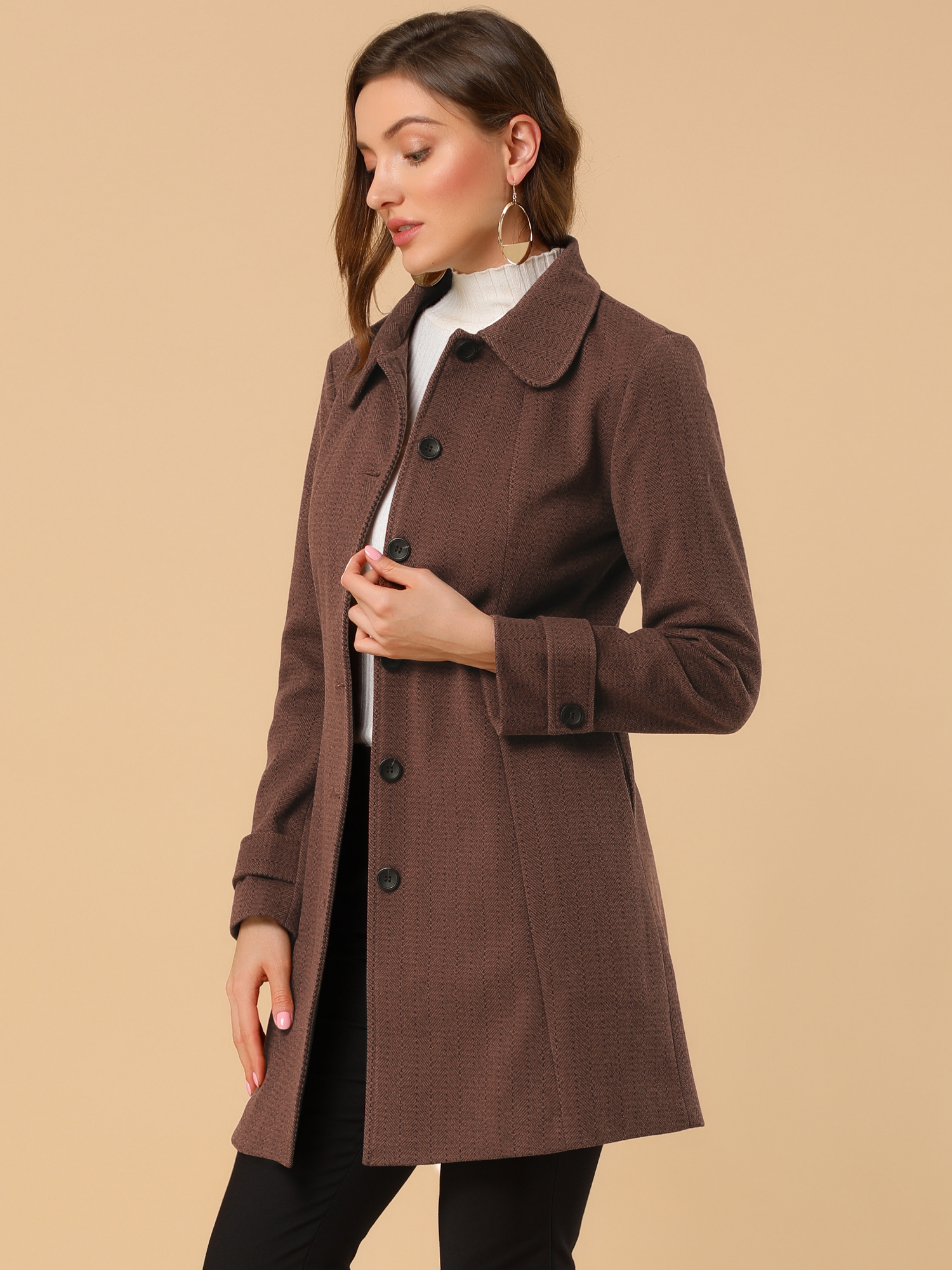 Peter Pan Collar Single Breasted Overcoat Winter Pea Coat Deep Brown/M