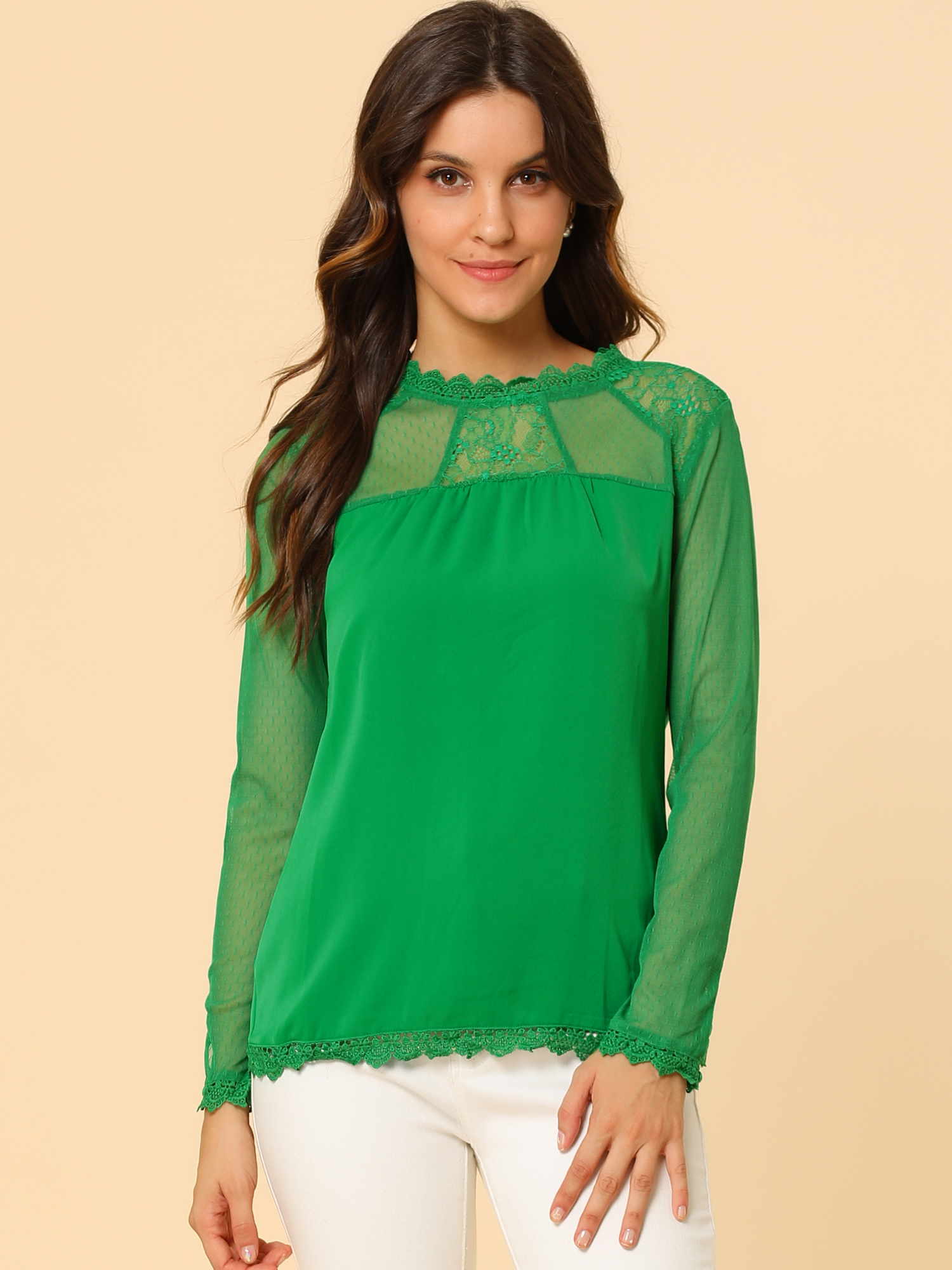 Lace Mesh Long Sleeve Top Round Neck Casual Elegant Blouse Green/S