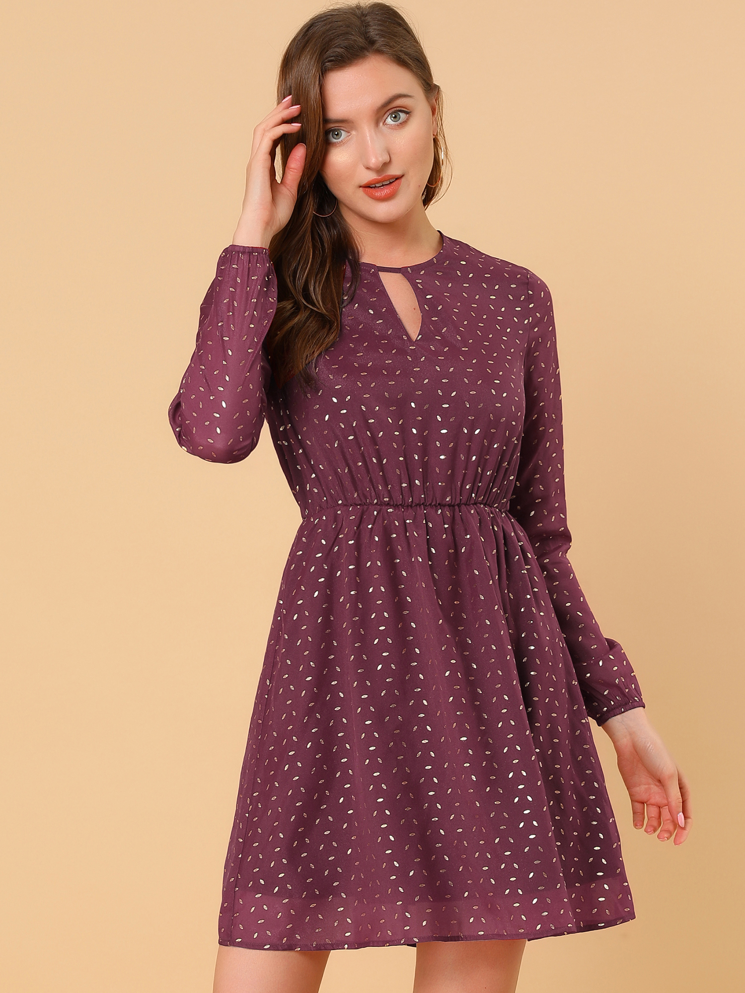 Allegra – Choker V Neck Flared Gilding Metallic Shiny Star A-Line Dress Burgundy/XL
