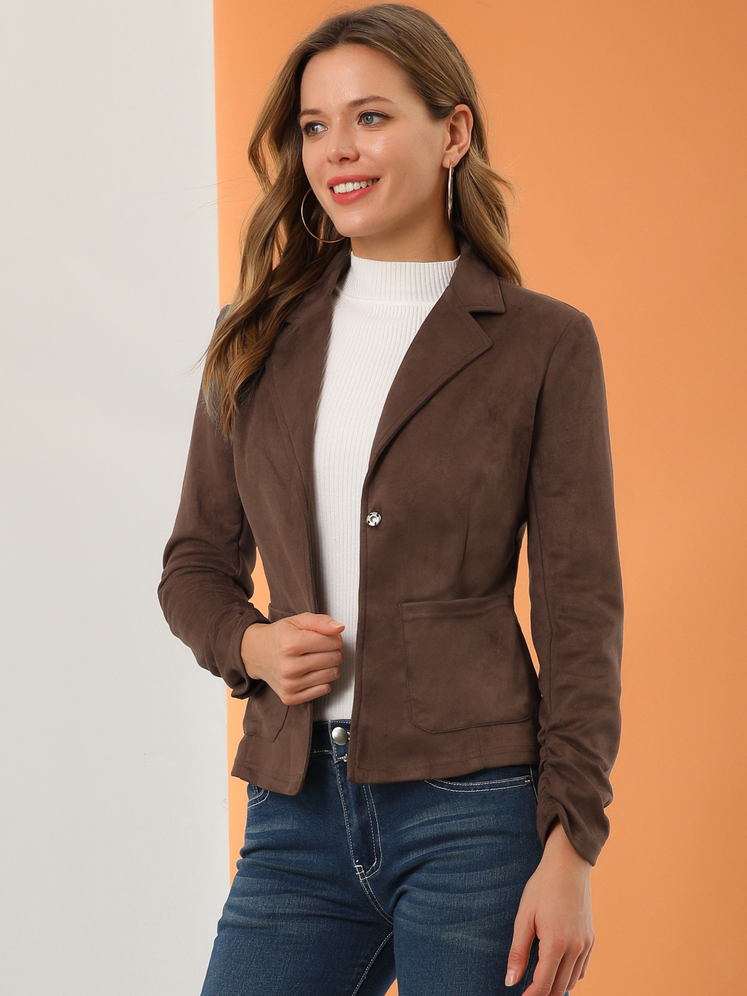 Long Sleeve Casual Open Front Drawstring Faux Suede Blazer Brown/L