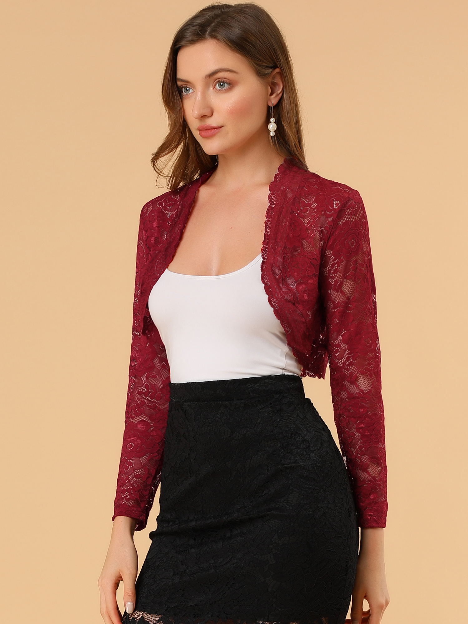 Elegant Sheer Floral Lace Cropped Bolero Shrugs Dark Red/S