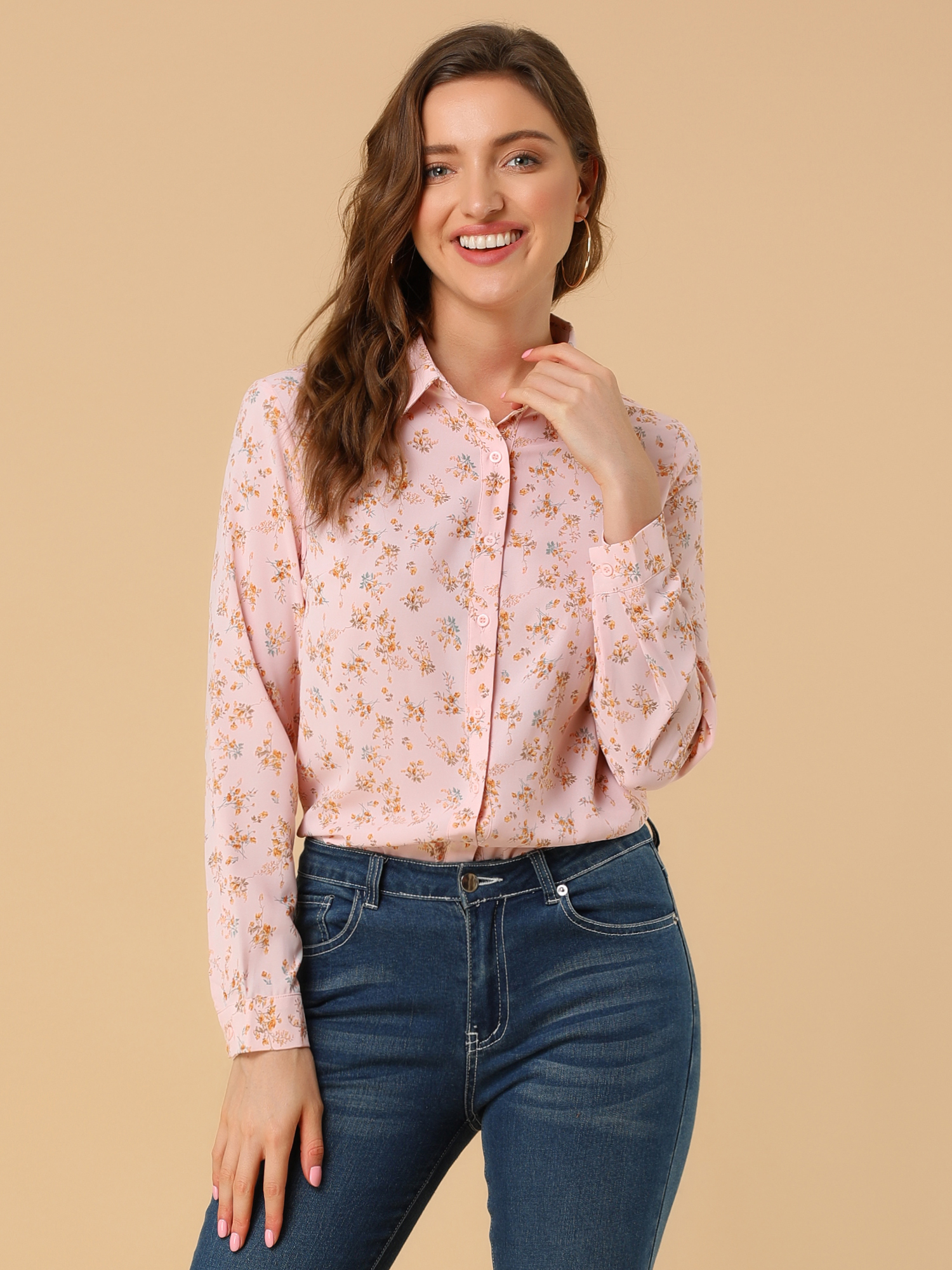 Button Down Floral Long Sleeve Point Collar Blouse Light Pink/XL