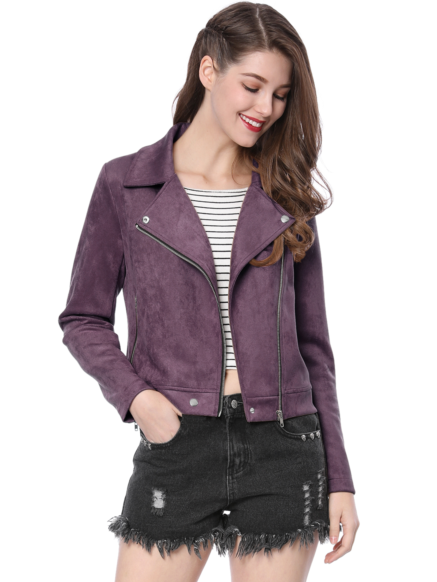 Casual Short Soft Zip Up Faux Suede Biker Moto Jacket Dark Purple/XL