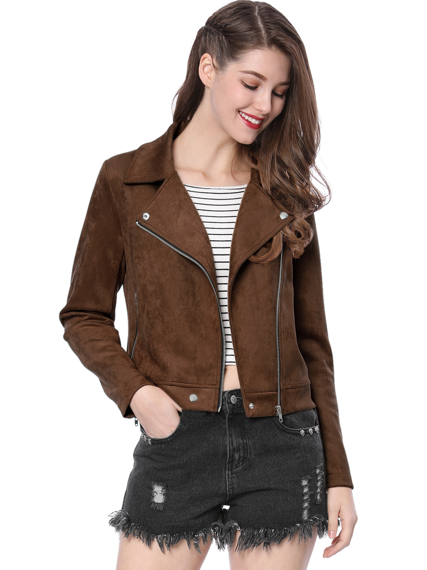 Casual Short Soft Zip Up Faux Suede Biker Moto Jacket Dark Brown/S