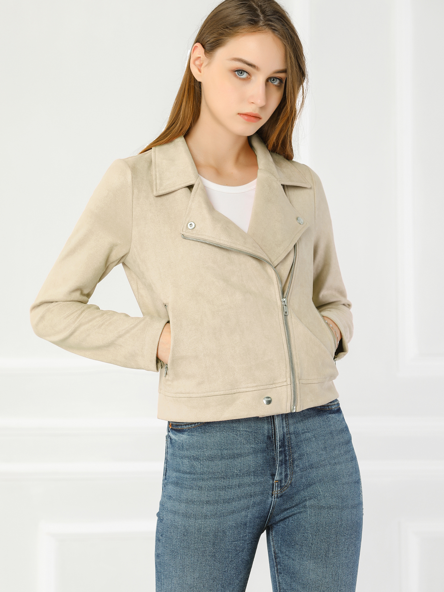 Casual Short Soft Zip Up Faux Suede Biker Moto Jacket Beige/XS