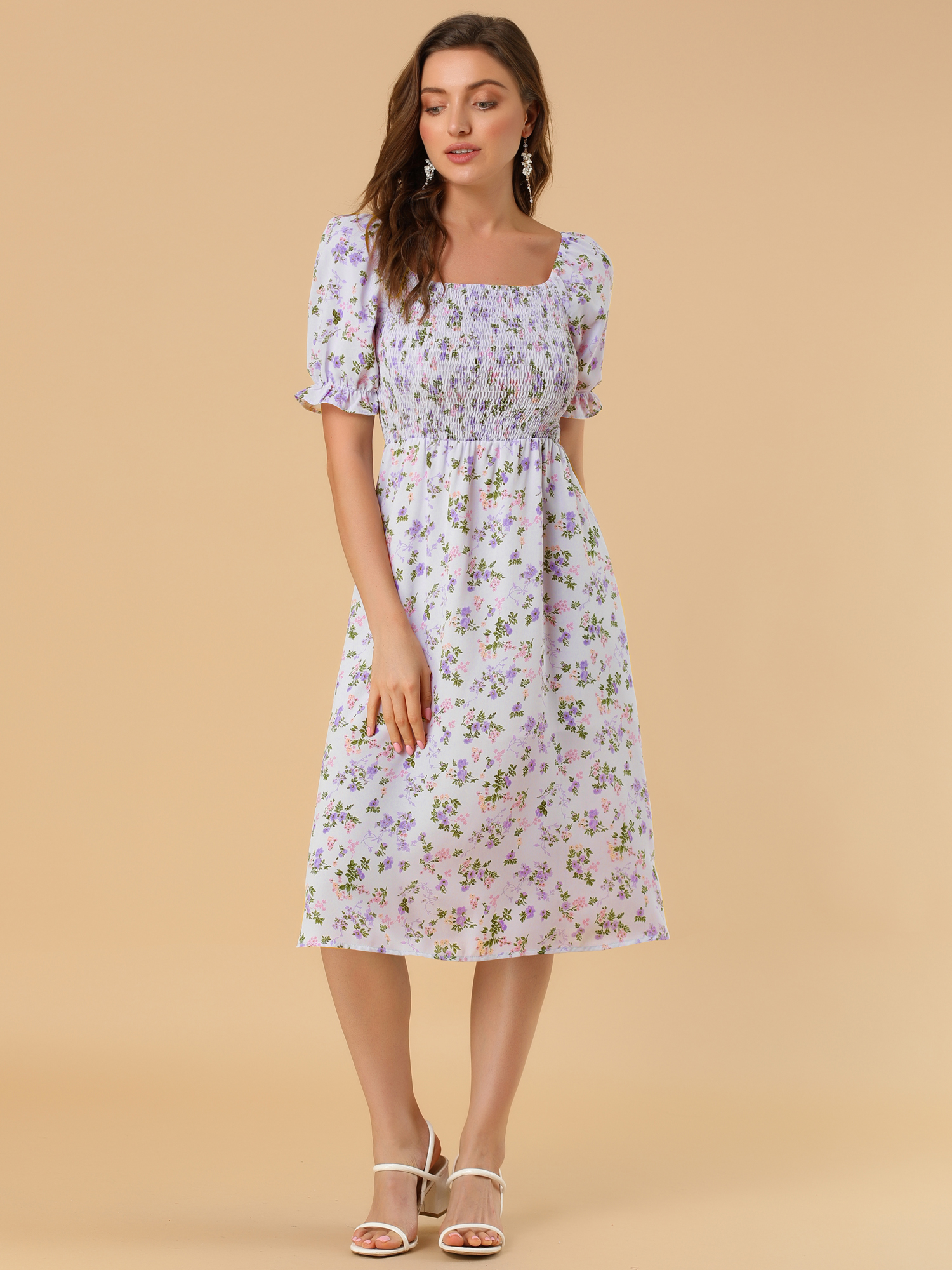 Square Neck Puff Sleeve Shirred Floral Casual Midi Dress Purple/M