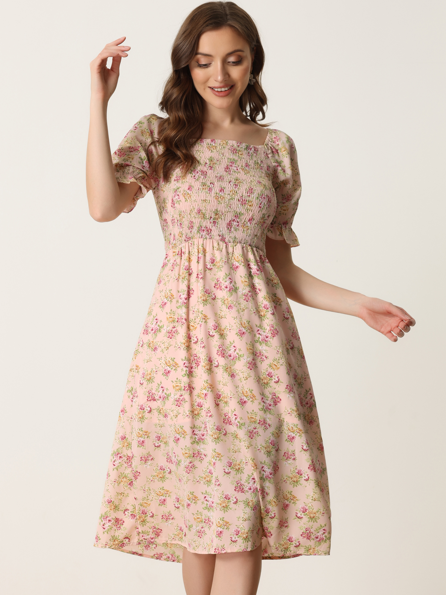 Square Neck Puff Sleeve Shirred Floral Casual Midi Dress Pink/S