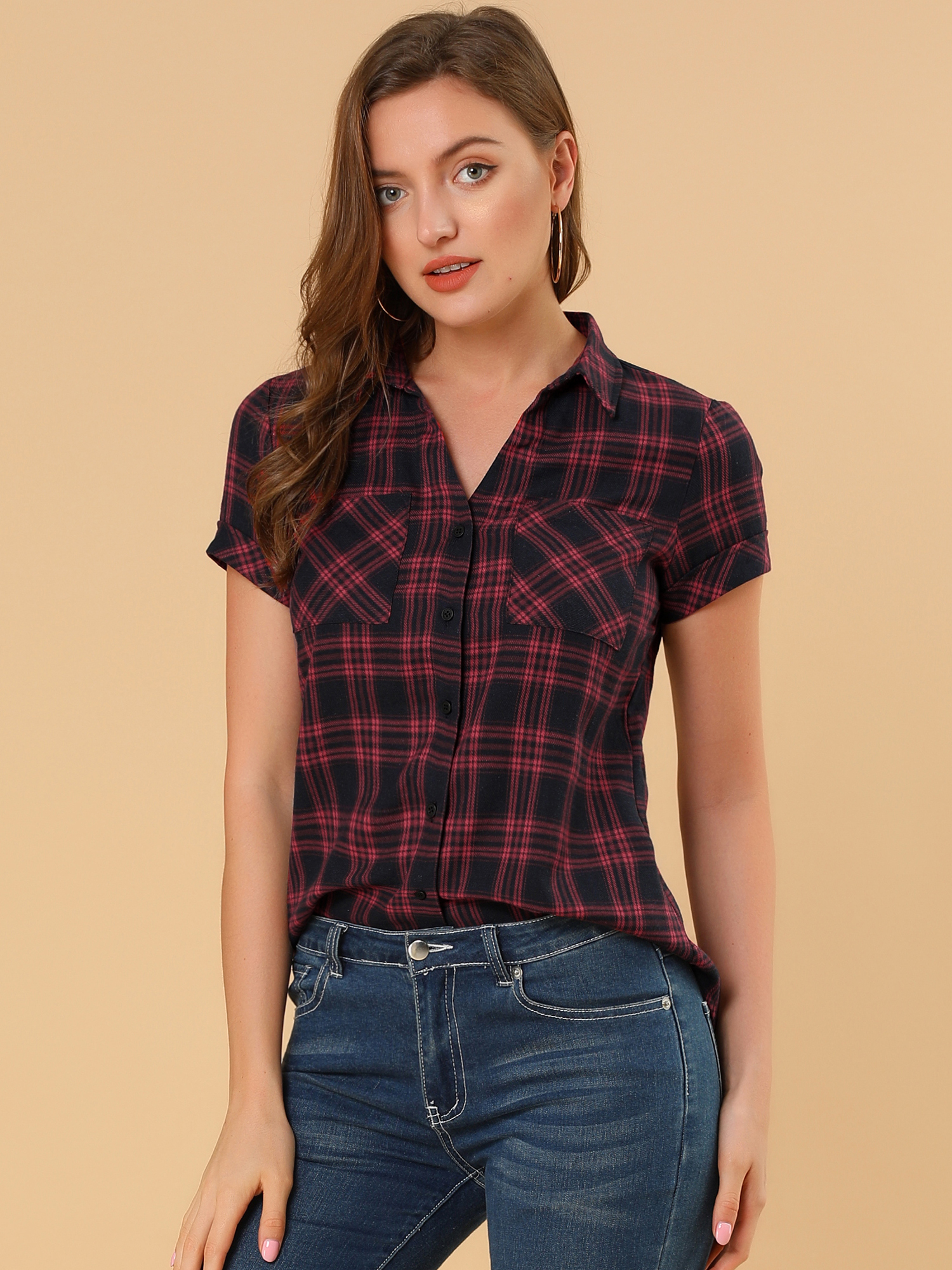 Cotton Classic Button Down Plaid Short Sleeve Shirt Red Black/L