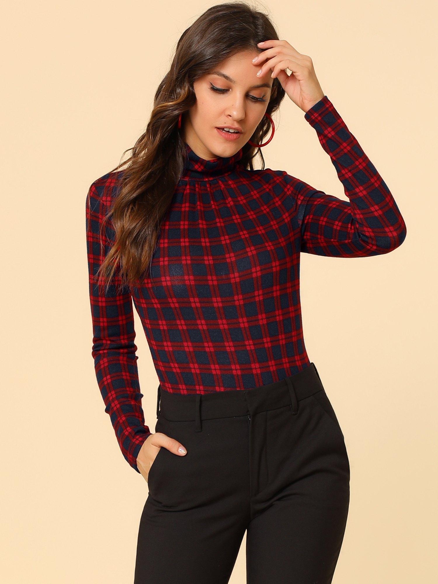 Long Sleeve Turtleneck Stretch Slim Christmas Party Plaid Shirt Red/L