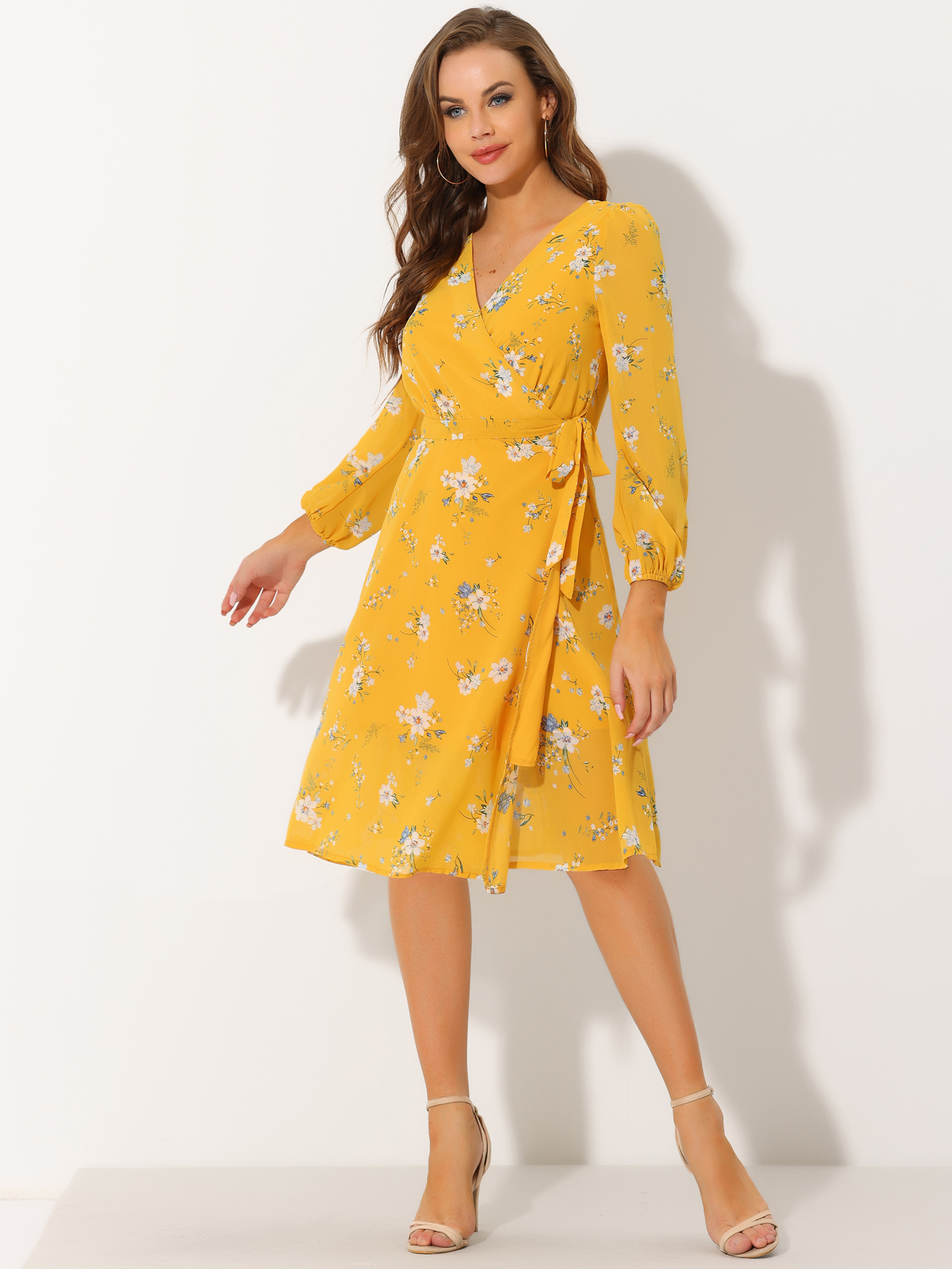Chiffon Floral V Neck Tie Waist Bishop Sleeve Casual Wrap Midi Dress Yellow/S