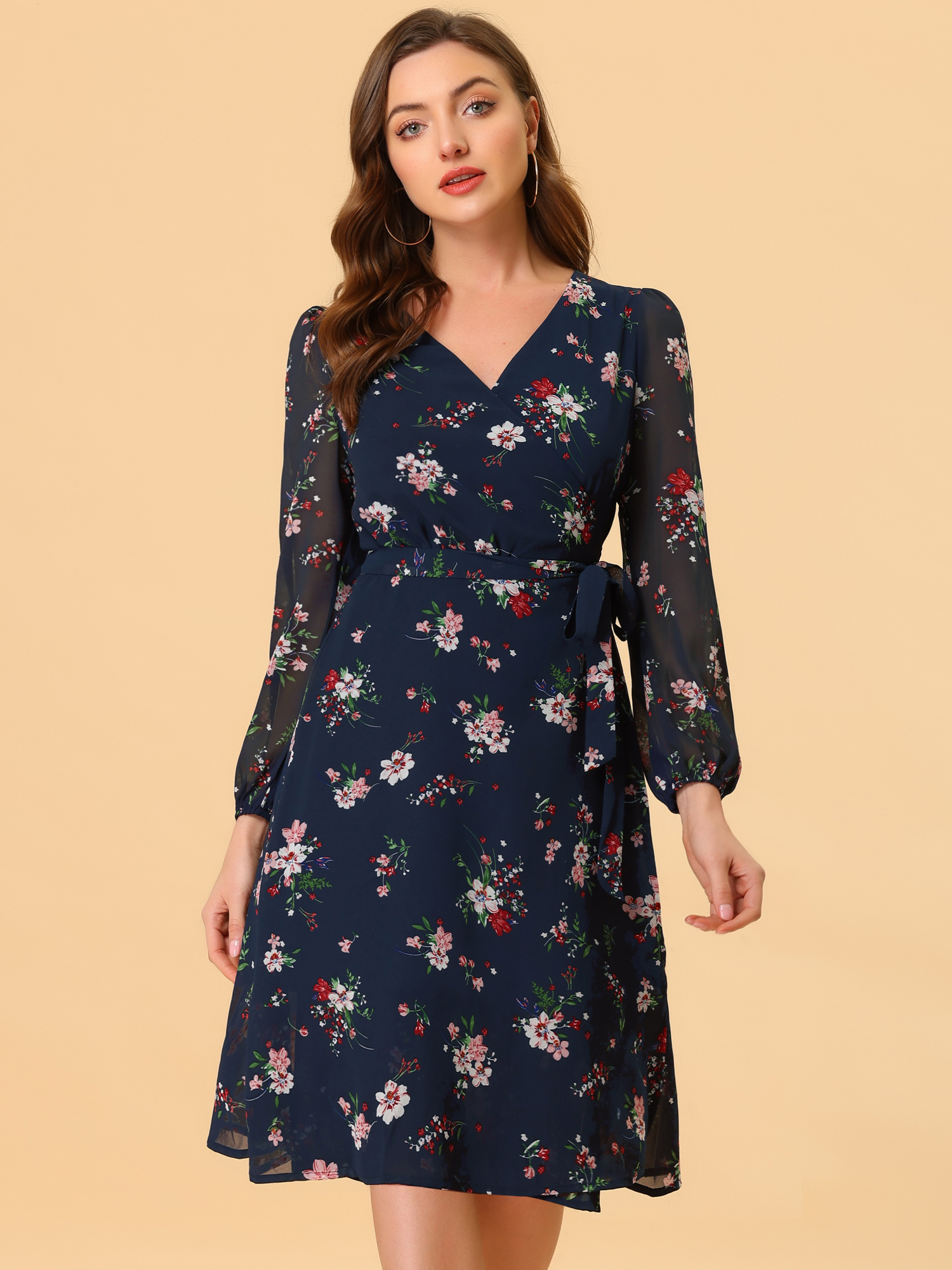 Chiffon Floral V Neck Tie Waist Bishop Sleeve Casual Wrap Midi Dress Dark Blue/XL