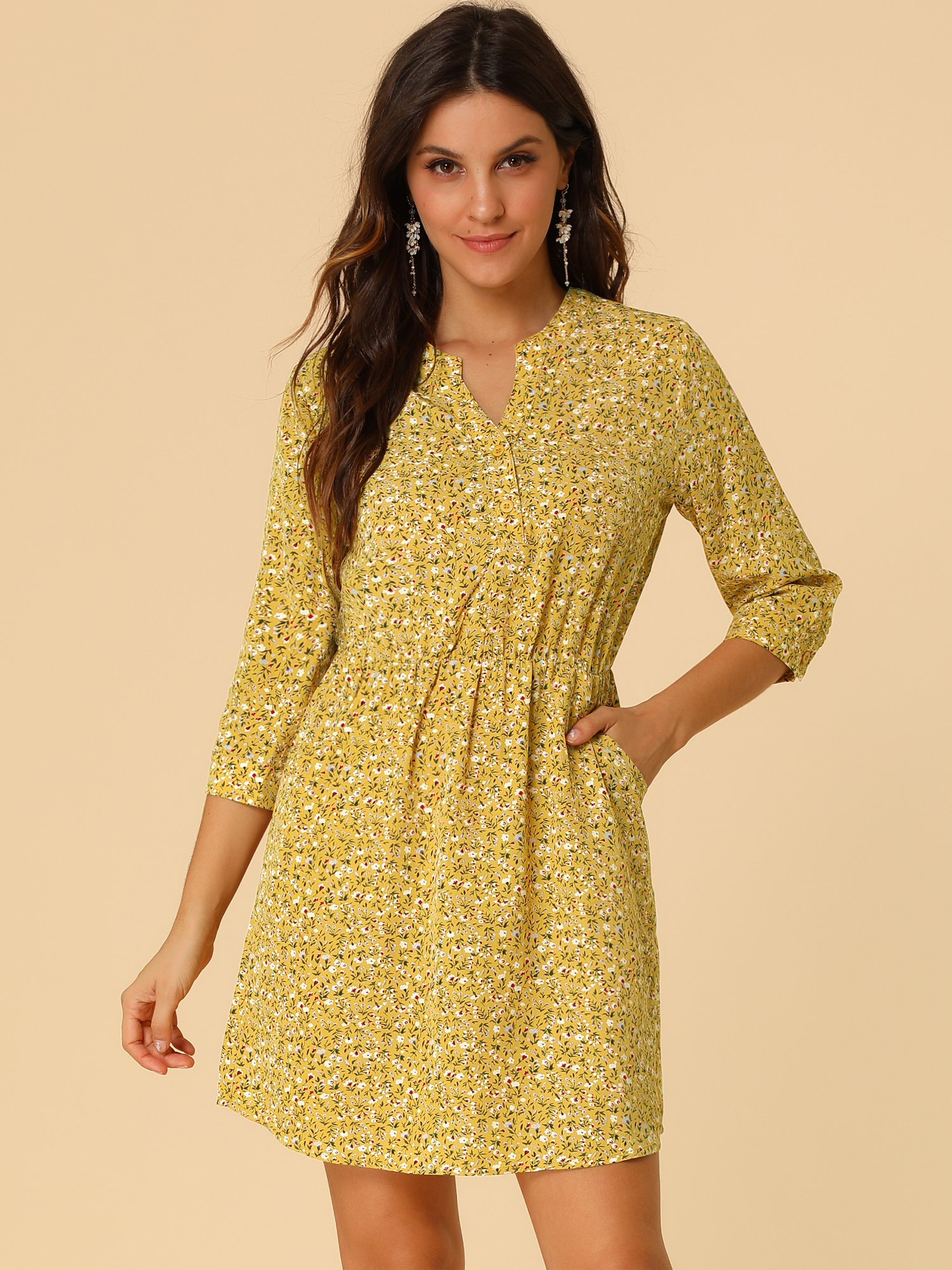 Button-Up V Neck 3/4 Sleeve Floral T-Shirt Dress with Pockets Mustard/XS