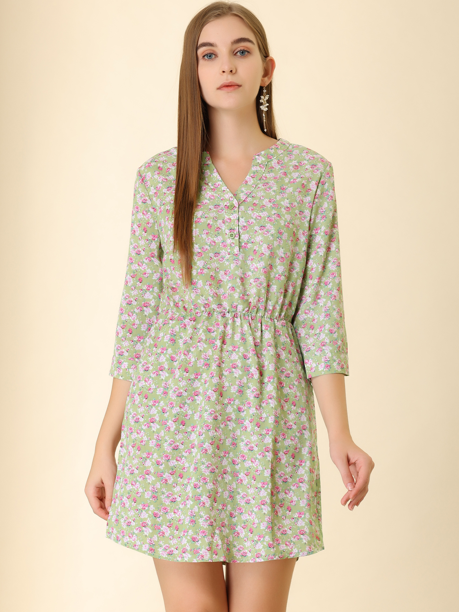 Button-Up V Neck 3/4 Sleeve Floral T-Shirt Dress with Pockets Light Green/M