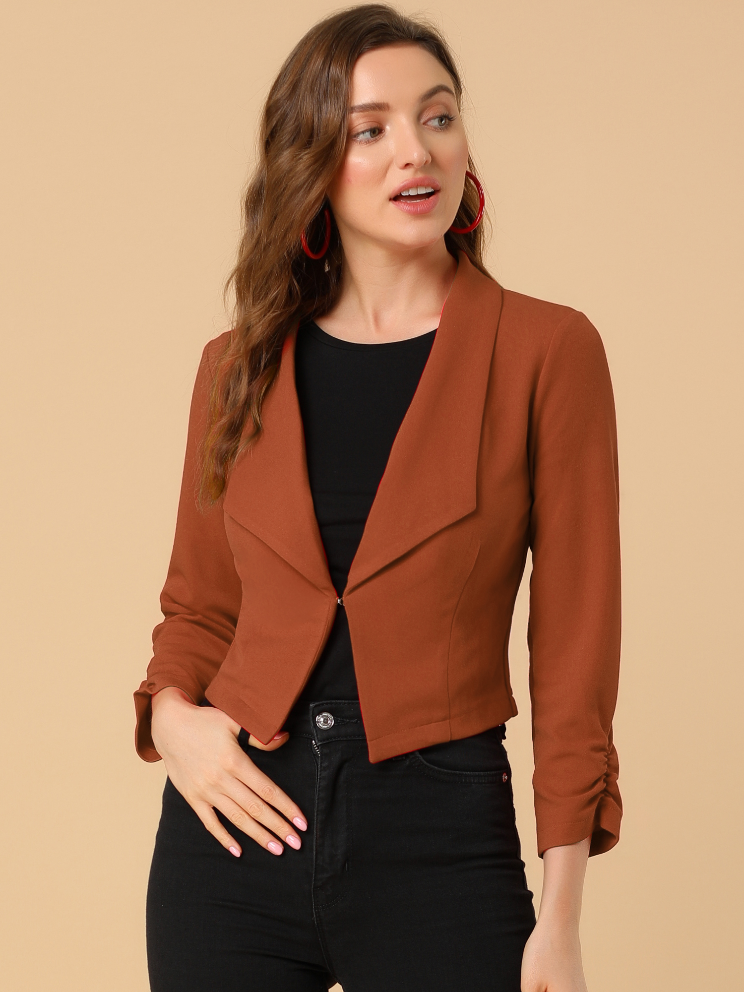 Notched Lapel Ruched Sleeve Business Cropped Jacket Blazer Brown/XL