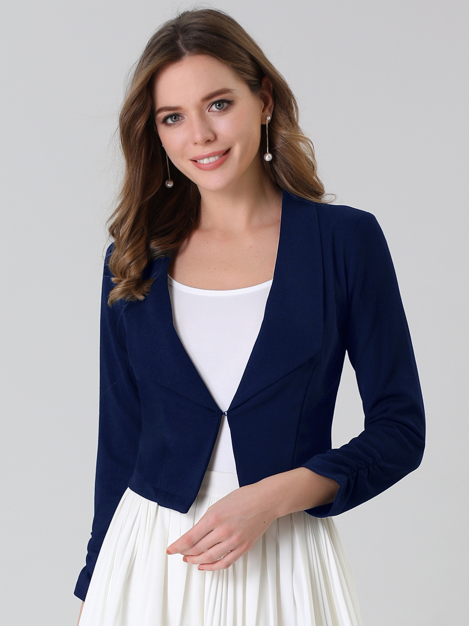 Notched Lapel Ruched Sleeve Business Cropped Jacket Blazer Dark Blue/S