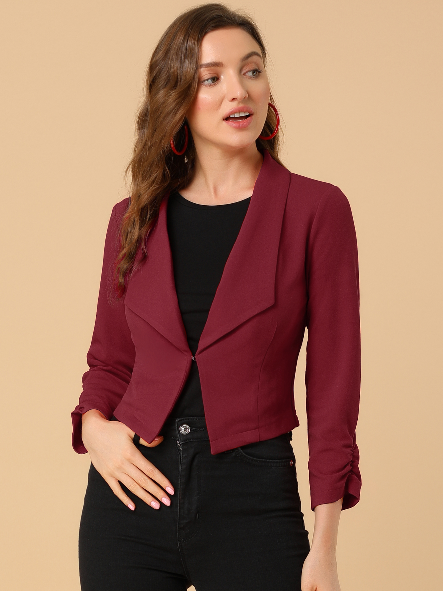 Notched Lapel Ruched Sleeve Business Cropped Jacket Blazer Burgundy/L