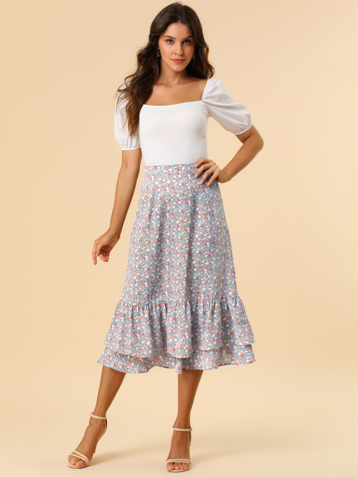 Printed Chiffon Elastic Waist Ruffle Tiered Flowy Midi Skirt Blue Grey-Floral/M