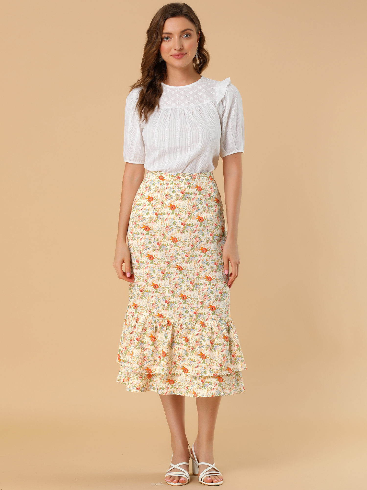 Printed Chiffon Elastic Waist Ruffle Tiered Flowy Midi Skirt Beige-Floral/S