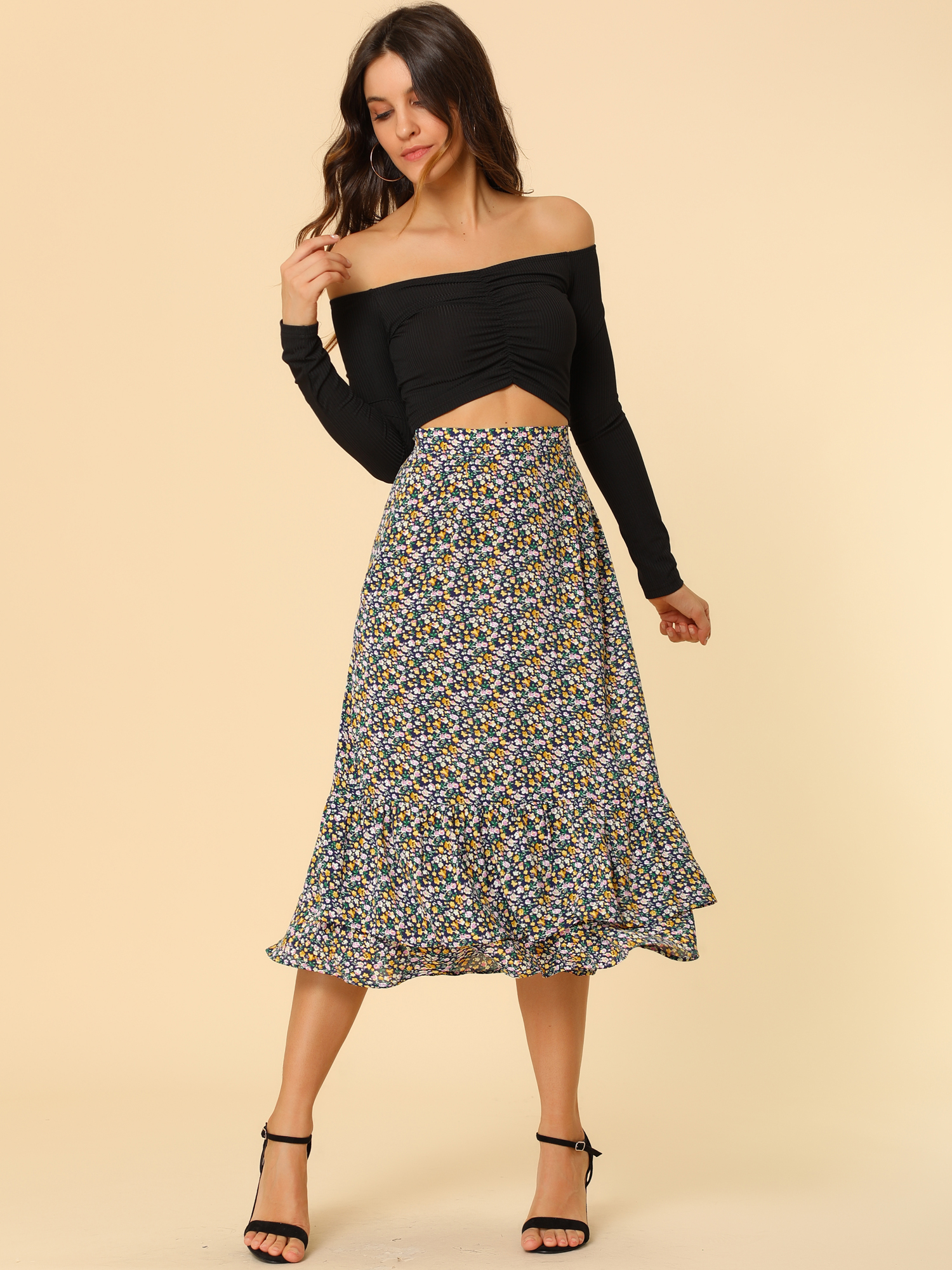 Printed Chiffon Elastic Waist Ruffle Tiered Flowy Midi Skirt Dark Blue-Floral/XS
