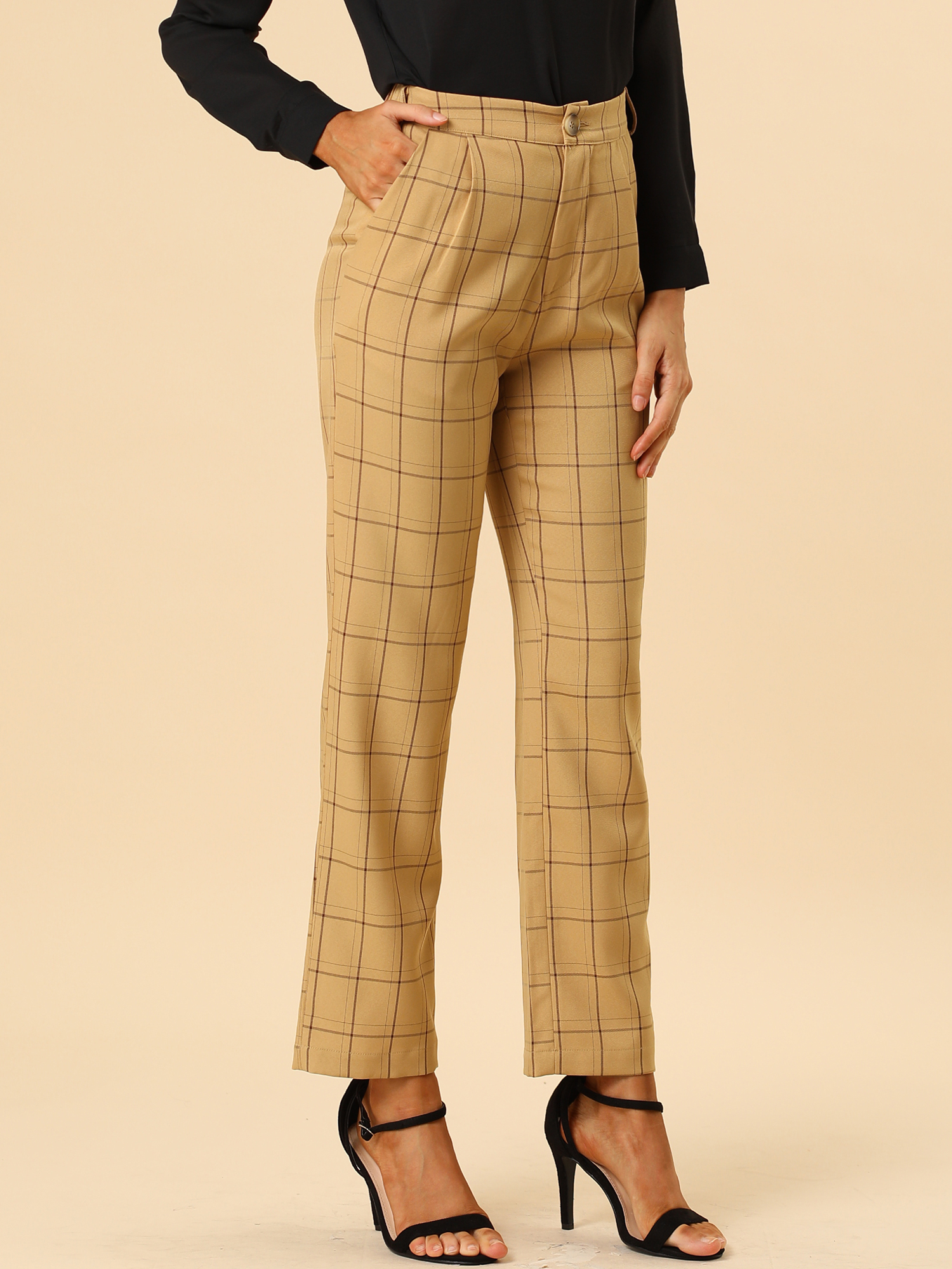 Plaid Pants Elastic Waist Casual Work Office Long Trousers Dark Khaki/XL