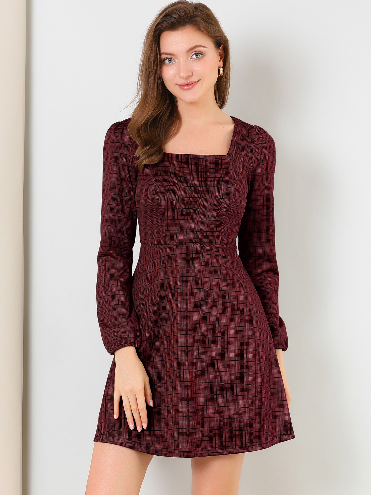 Fall Vintage Square Neck Long Sleeve Plaid Dress Red-Gold/XS