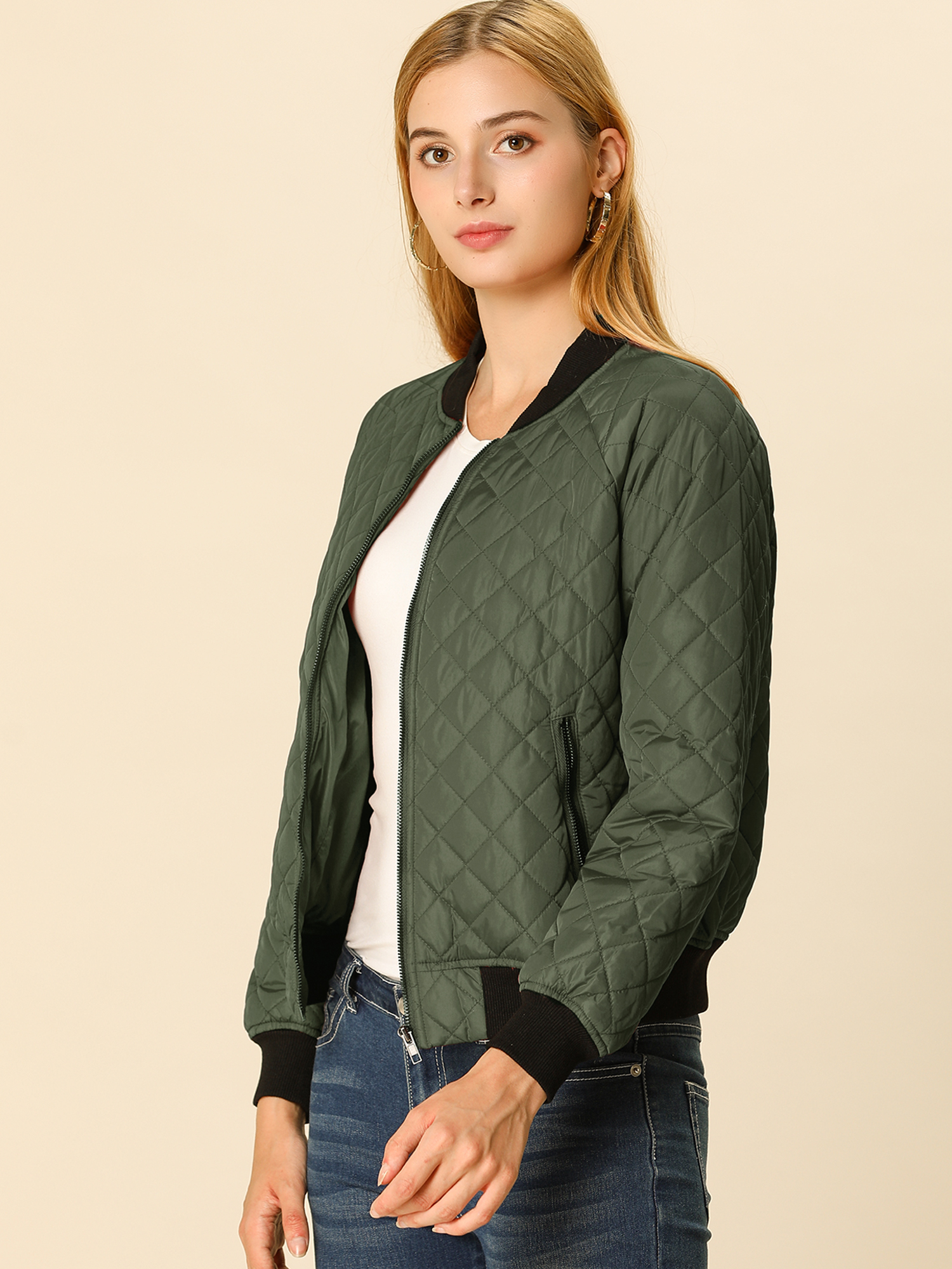 Casual Zip Up Raglan Long Sleeve Quilted Bomber Jacket Dark Green/XS