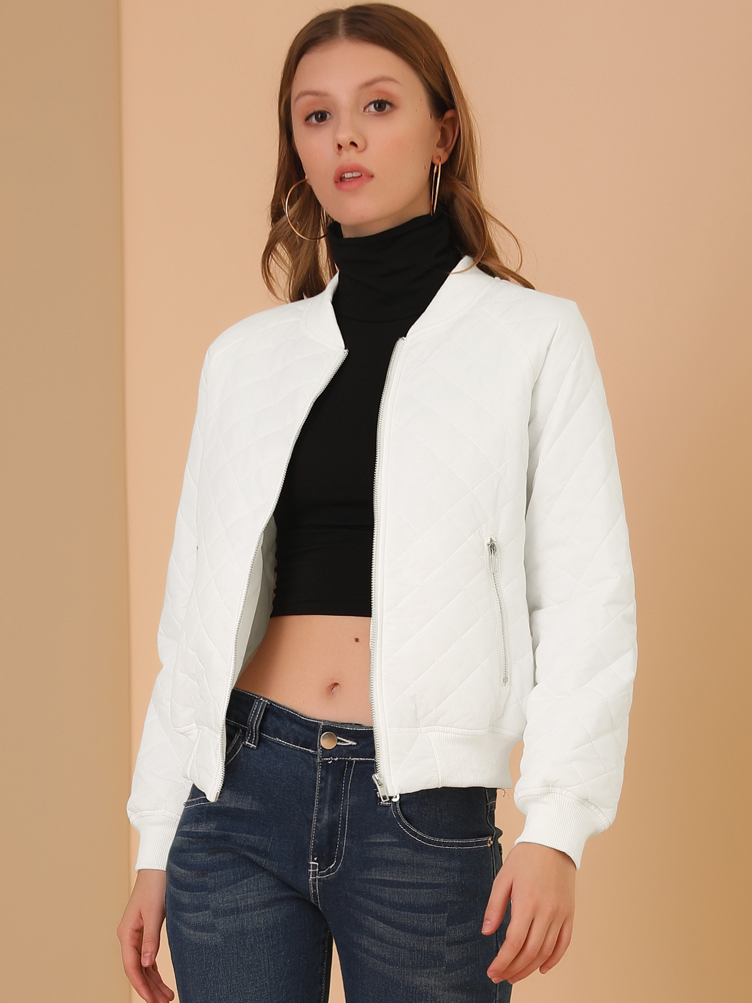 Casual Zip Up Raglan Long Sleeve Quilted Bomber Jacket White/L